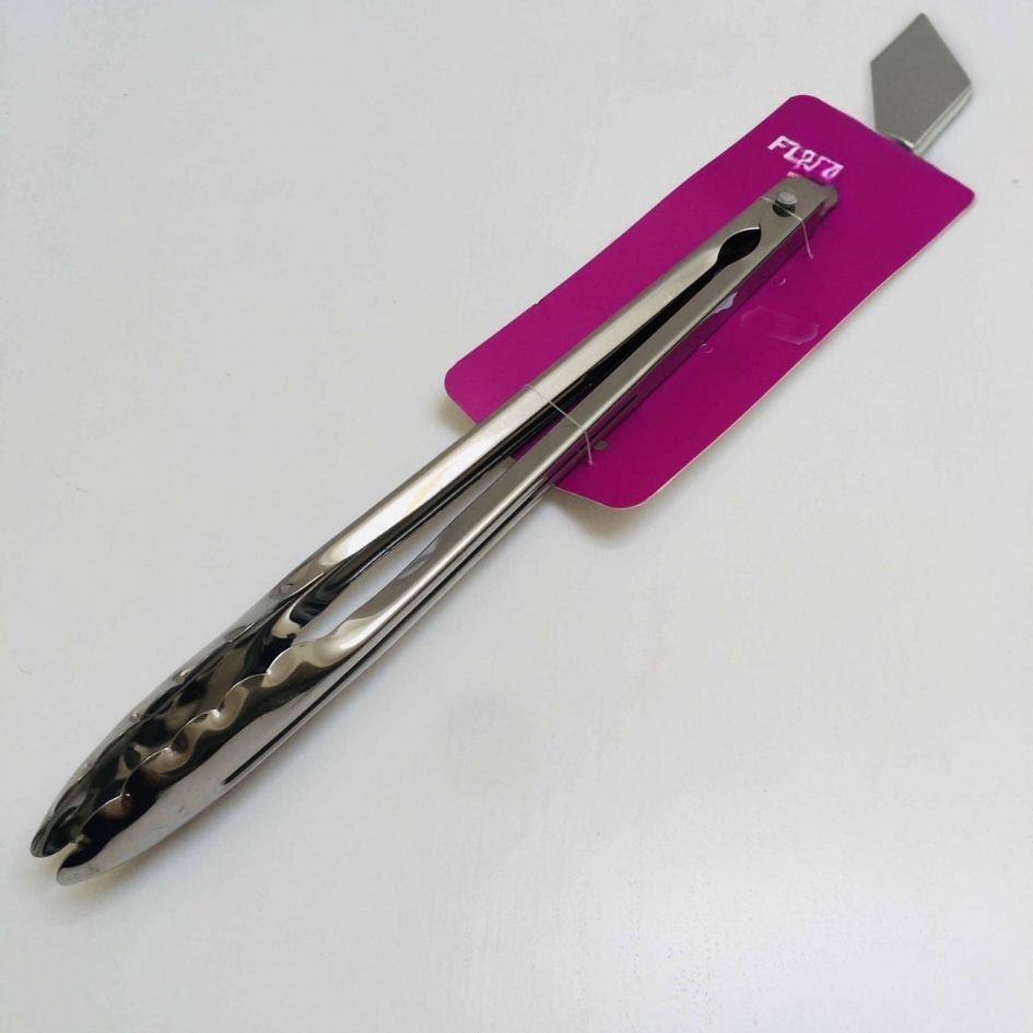 Pinça de cozinha em inox com embalagem roxa e texto branco