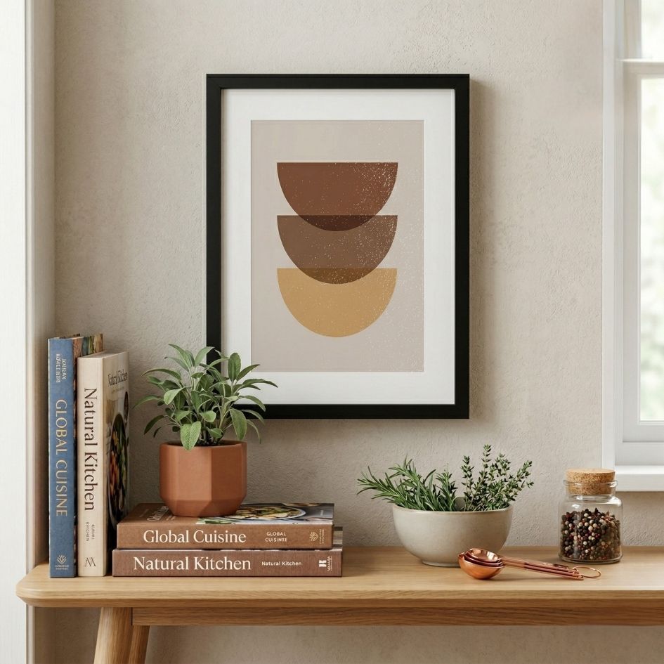 Estante de madeira com livros, planta em vaso terracota, quadro abstrato, tigela com ervas, frasco de vidro e colheres de metal.