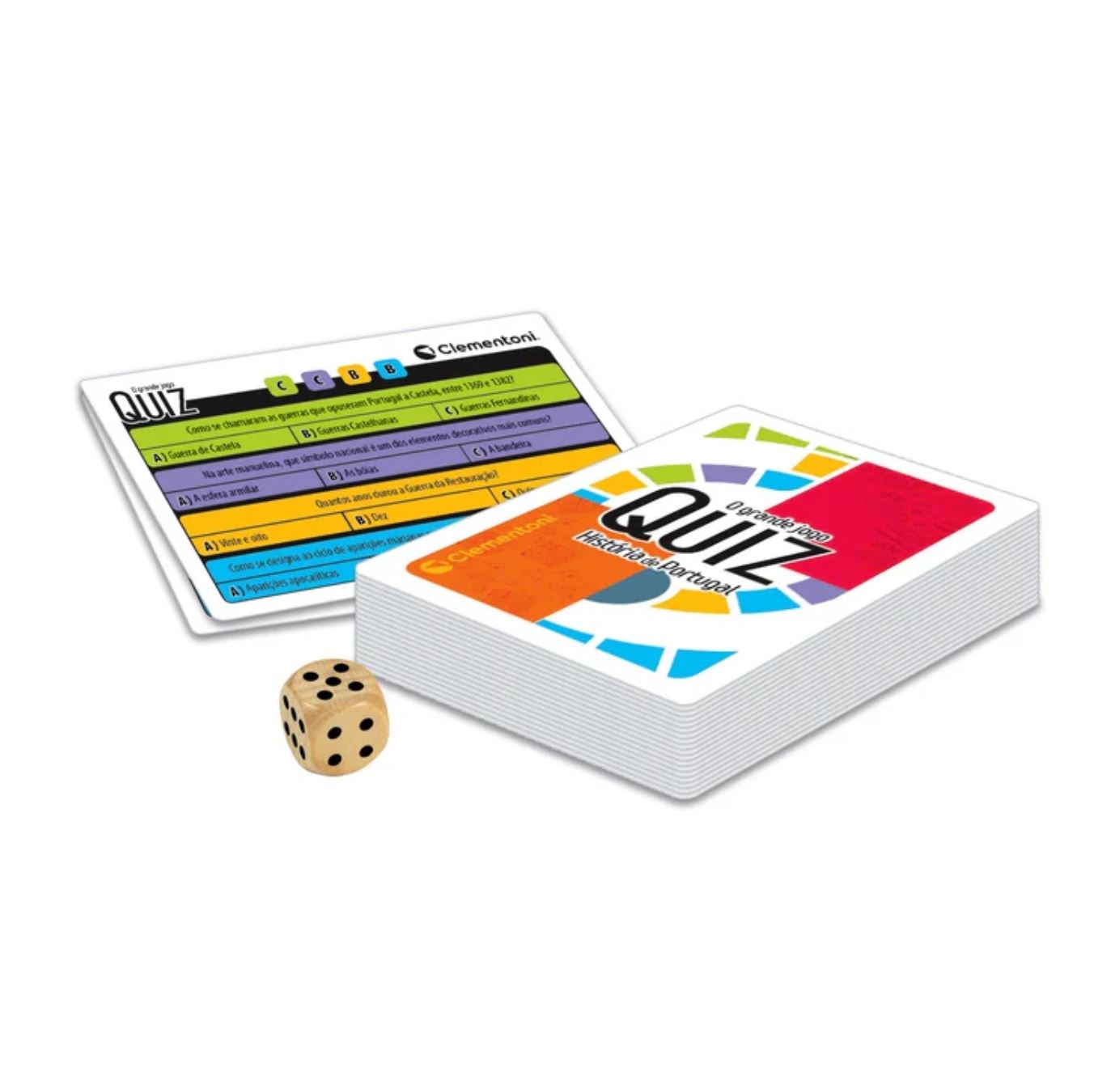 Cartas de jogo de quiz coloridas com dado de madeira