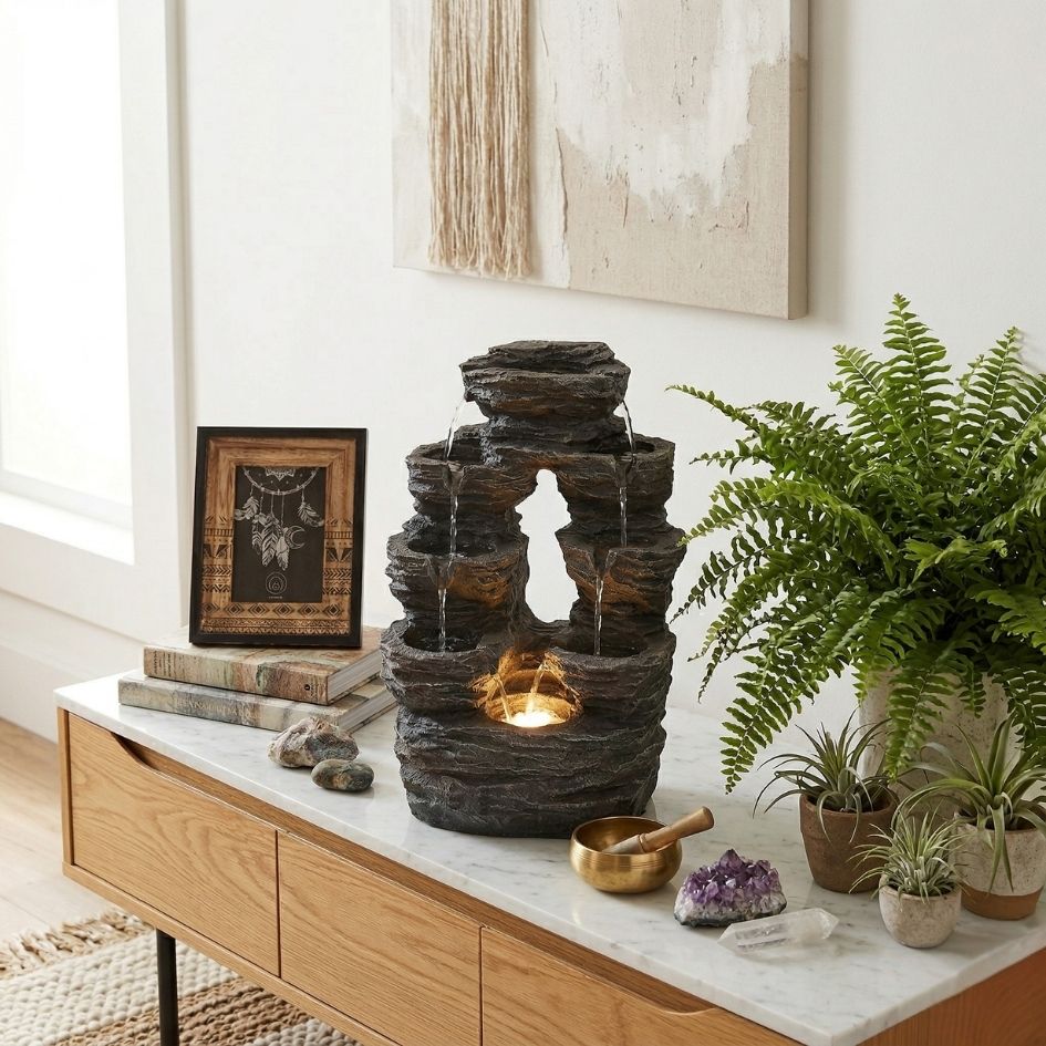 Fonte decorativa de resina com água e luz em cómoda de madeira com tampo de mármore