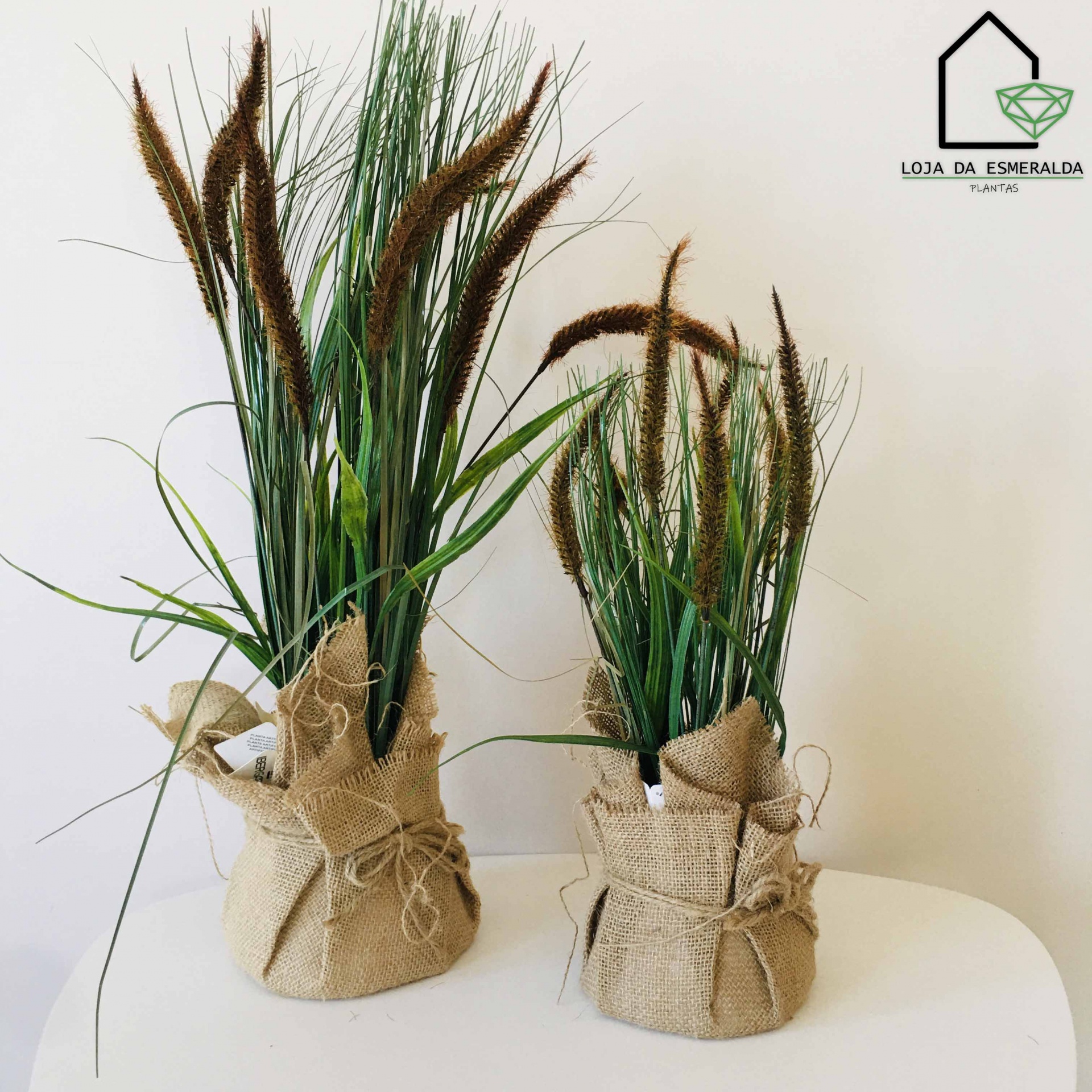 Duas plantas artificiais em vasos de tecido de juta com flores castanhas em fundo branco