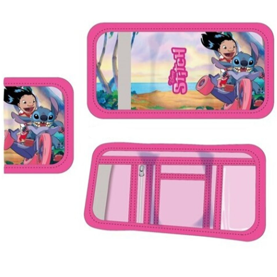 Carteira infantil rosa com personagens Lilo e Stitch e divisórias internas