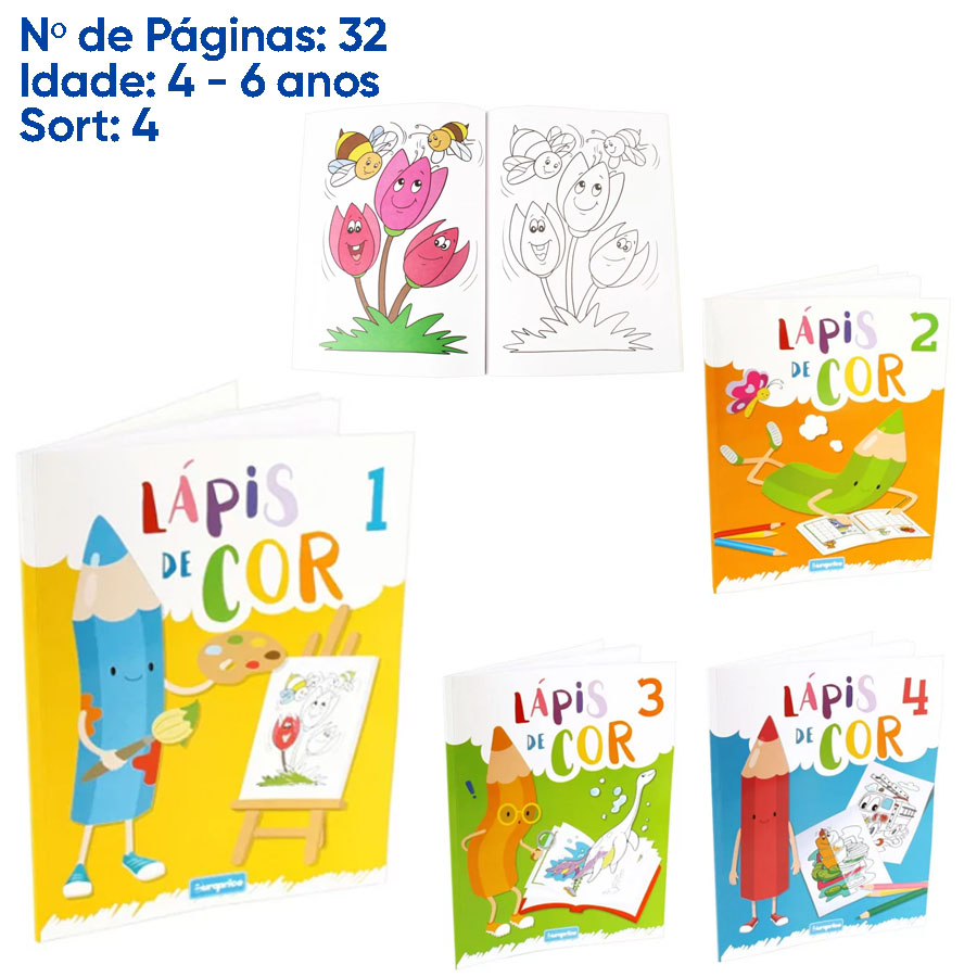 Quatro livros infantis Lápis de Cor numerados de 1 a 4 com capas coloridas e desenhos de lápis animados.