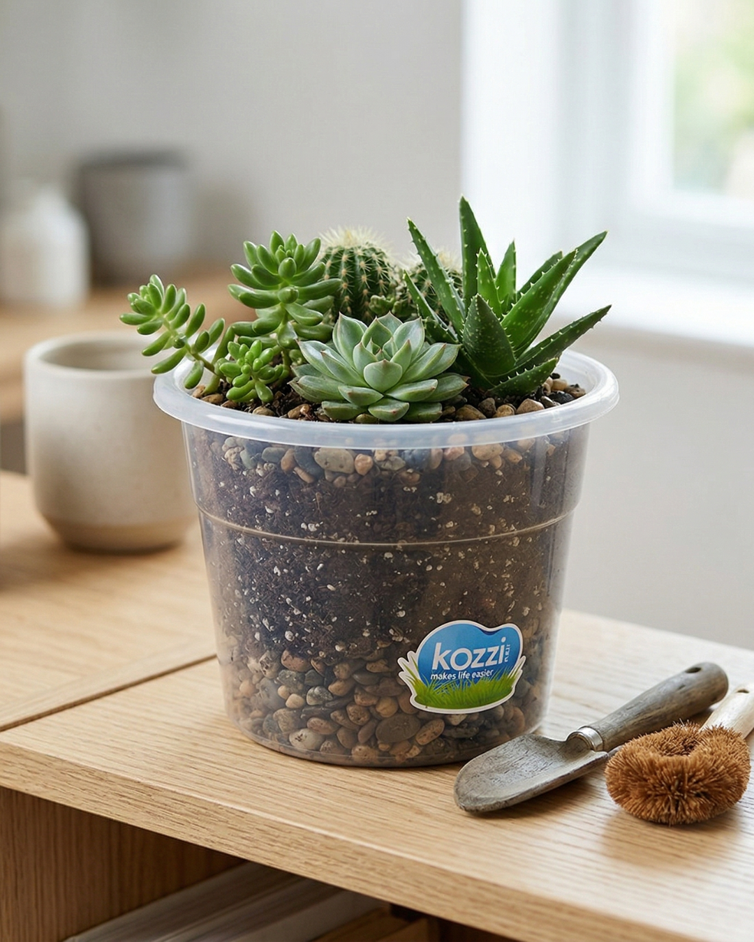 Vaso transparente com várias suculentas verdes em terra e pedras sobre mesa de madeira com utensílios de jardinagem