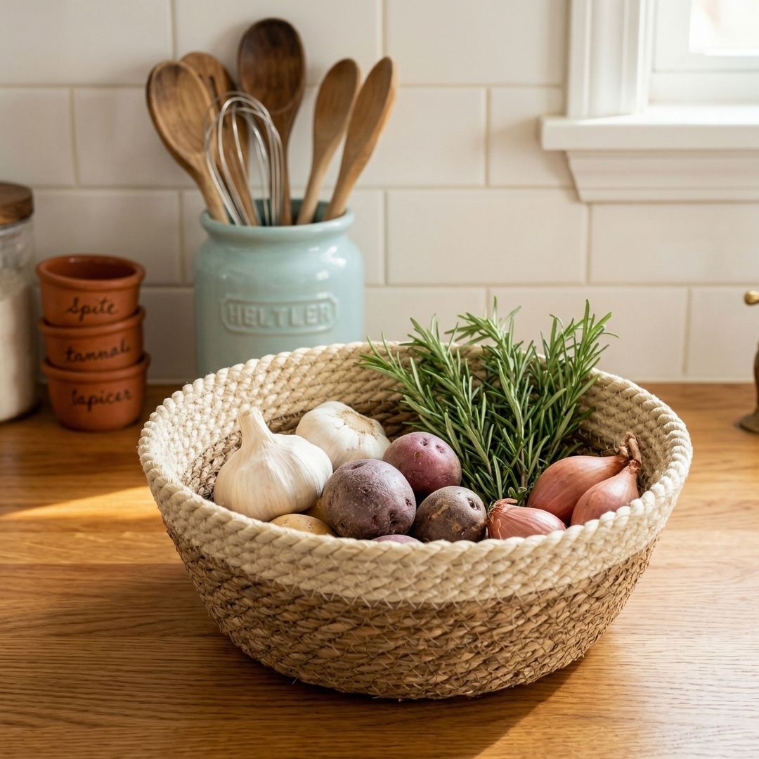 Cesto trançado com legumes e ervas na bancada da cozinha