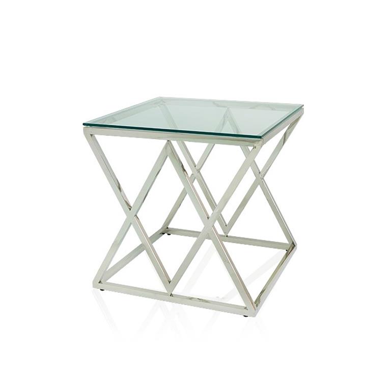 Mesa lateral quadrada com tampo em vidro transparente e base metálica prateada