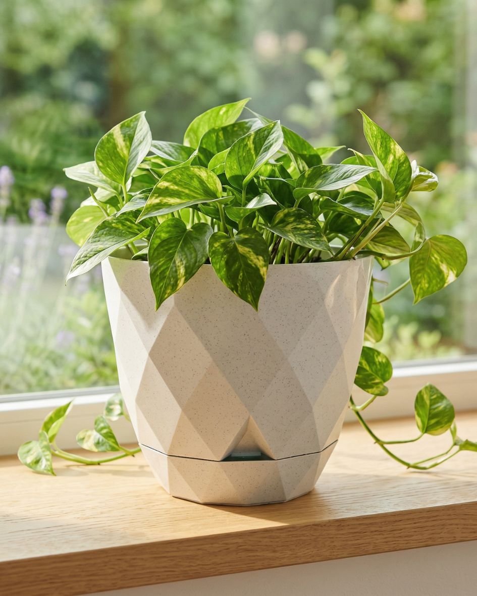 Vaso cinza claro geométrico com planta verde dentro em cima de madeira junto a janela