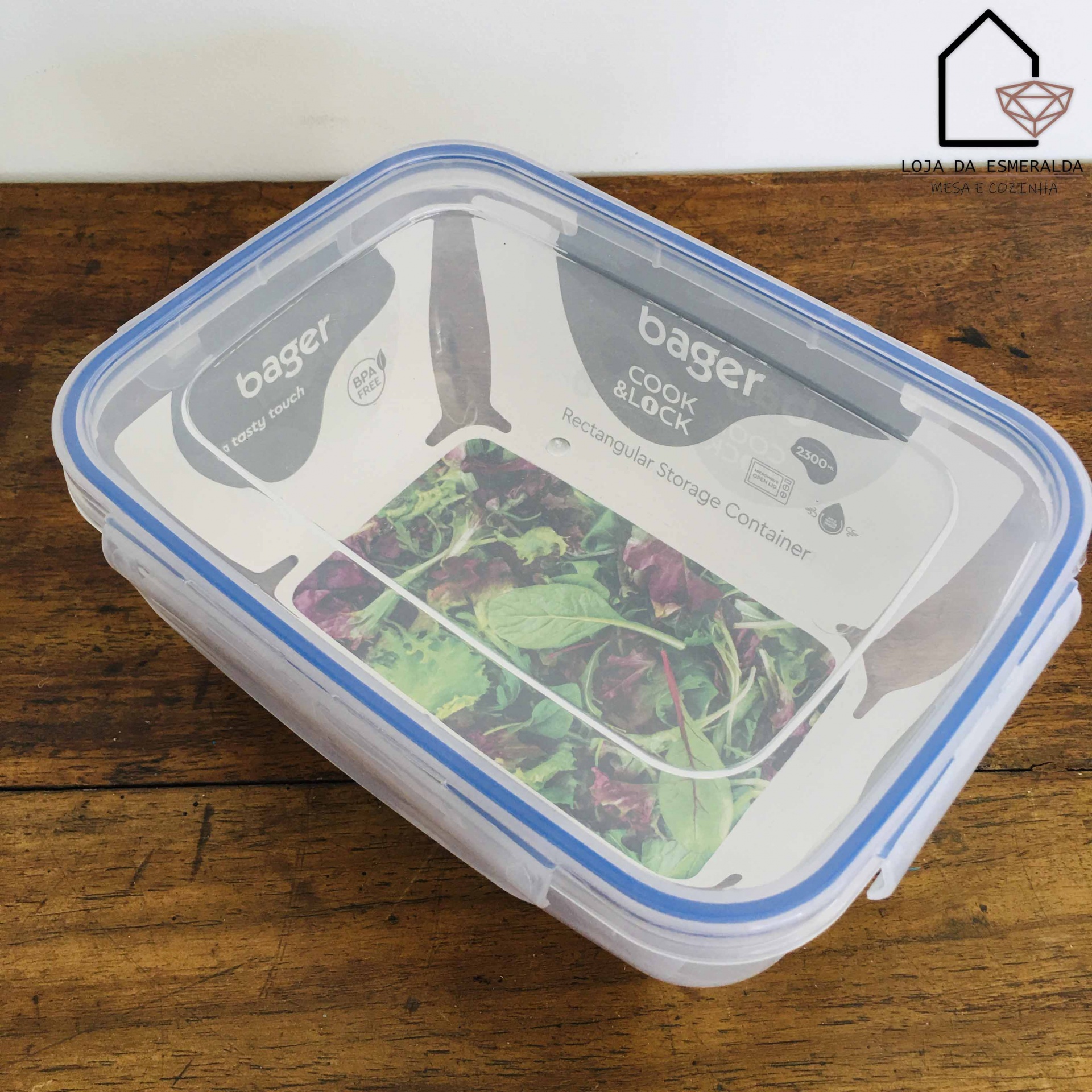 Recipiente retangular transparente com tampa azul para armazenamento, Bager Cook & Lock