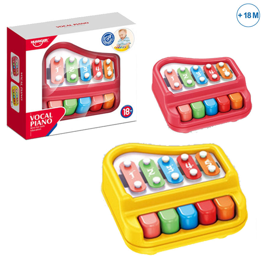 Dois pianos vocais de brinquedo coloridos com notas musicais e embalagem ao fundo