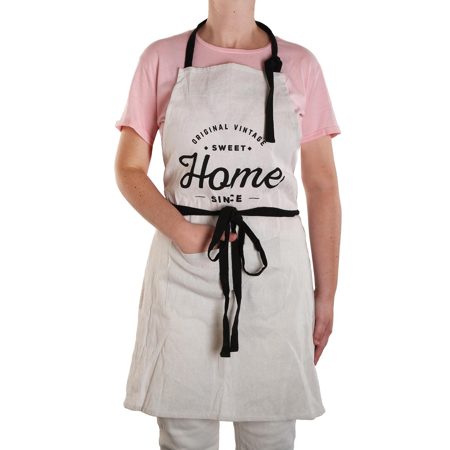 Avental de cozinha bege com cinto preto e texto preto