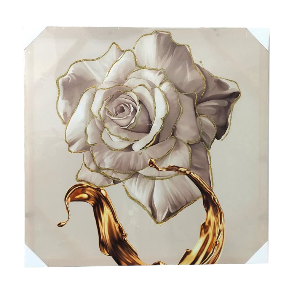 Pintura decorativa de rosa branca com contornos dourados e caule dourado líquido