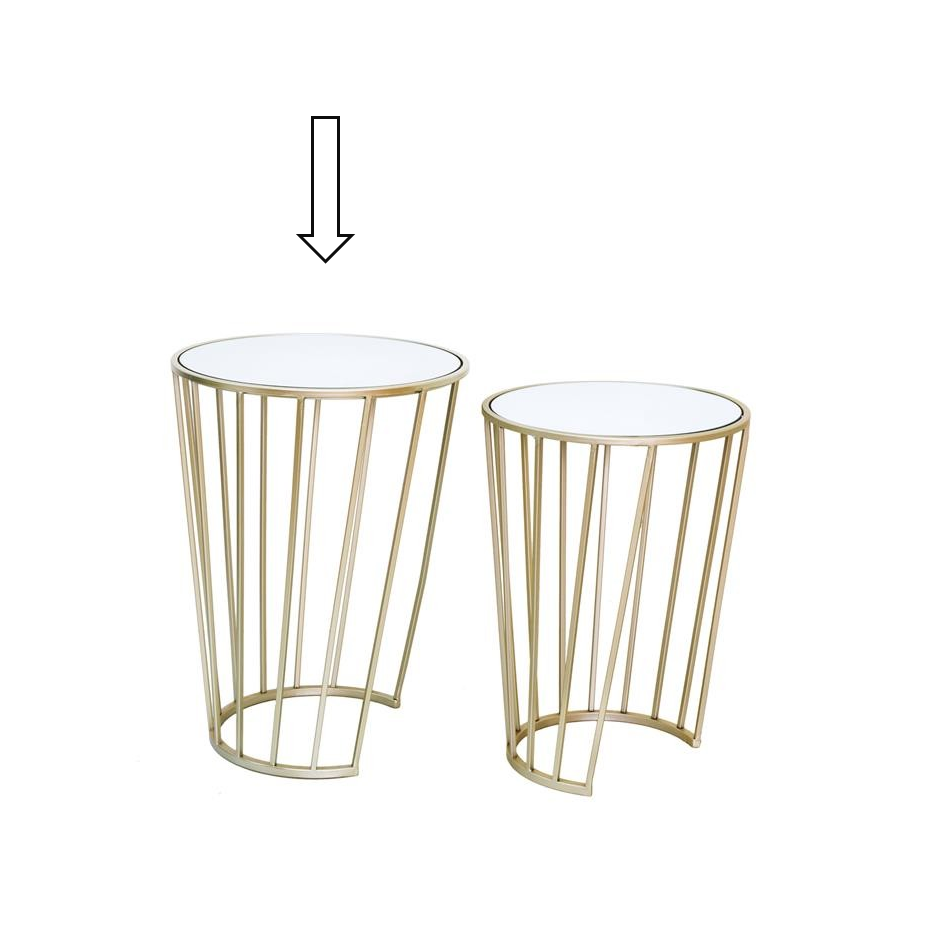 Conjunto de duas mesas auxiliares redondas com estrutura metálica dourada e tampo branco