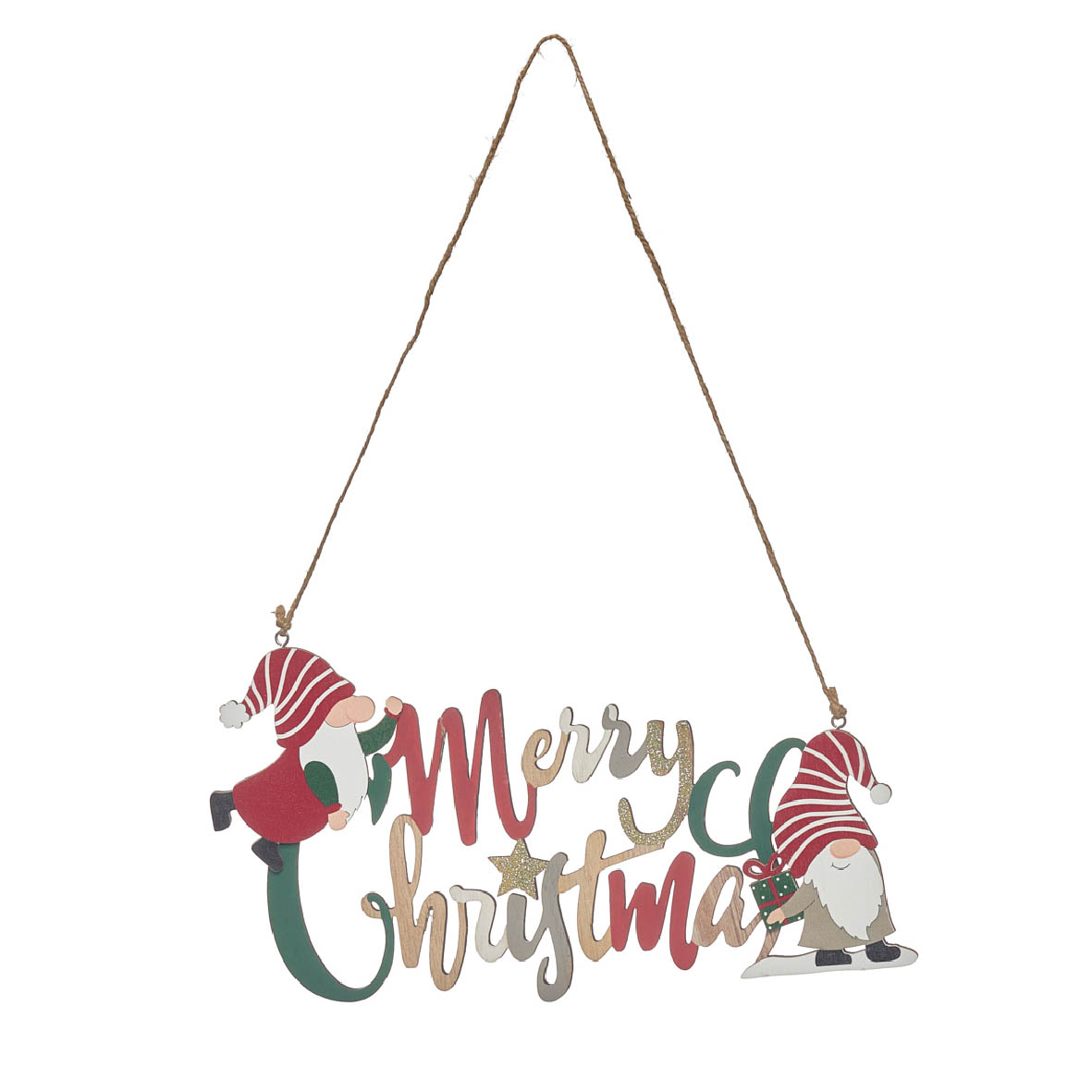 Decoração de Natal pendente com texto e duendes coloridos