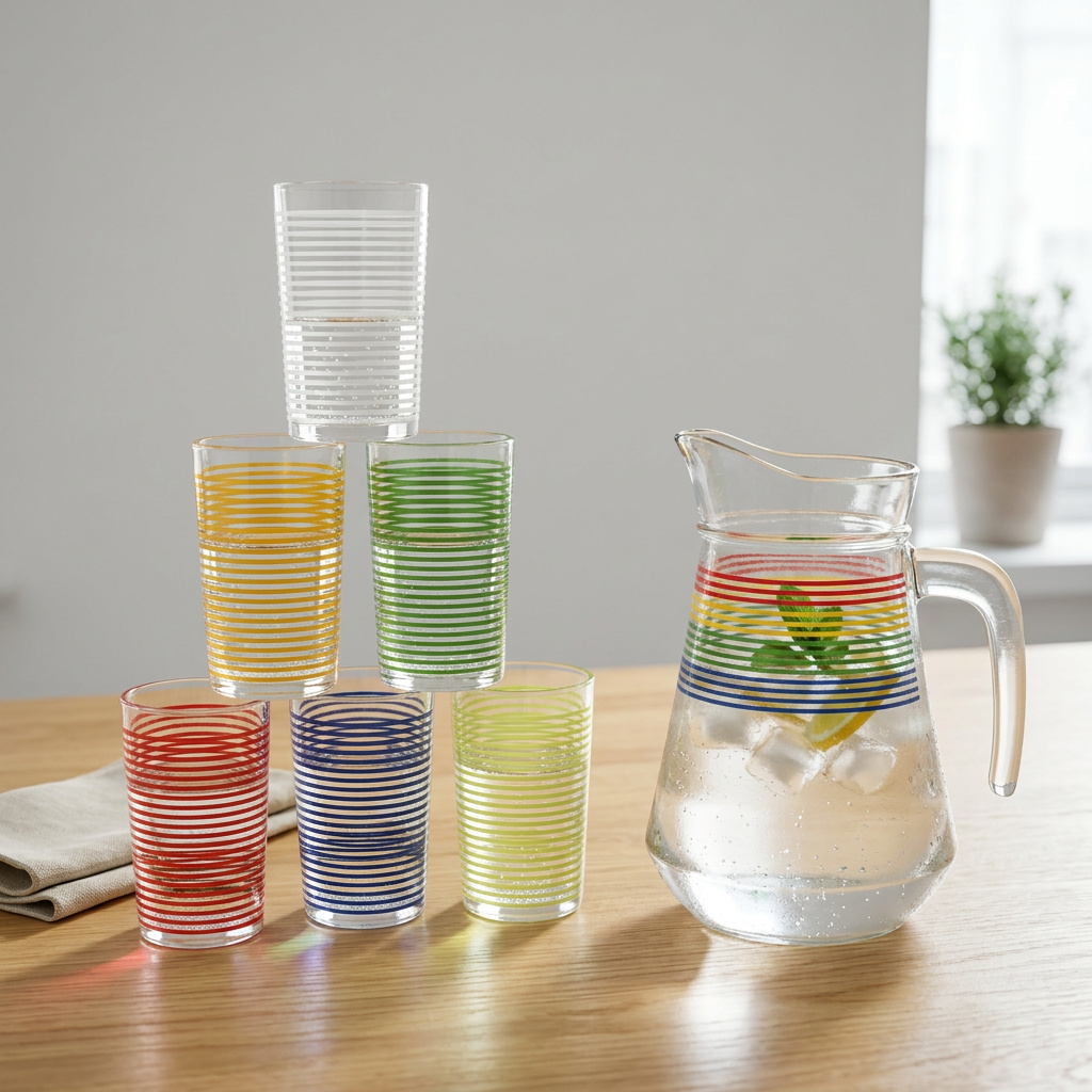 Jarra e copos de vidro com linhas coloridas em cima de uma mesa de madeira