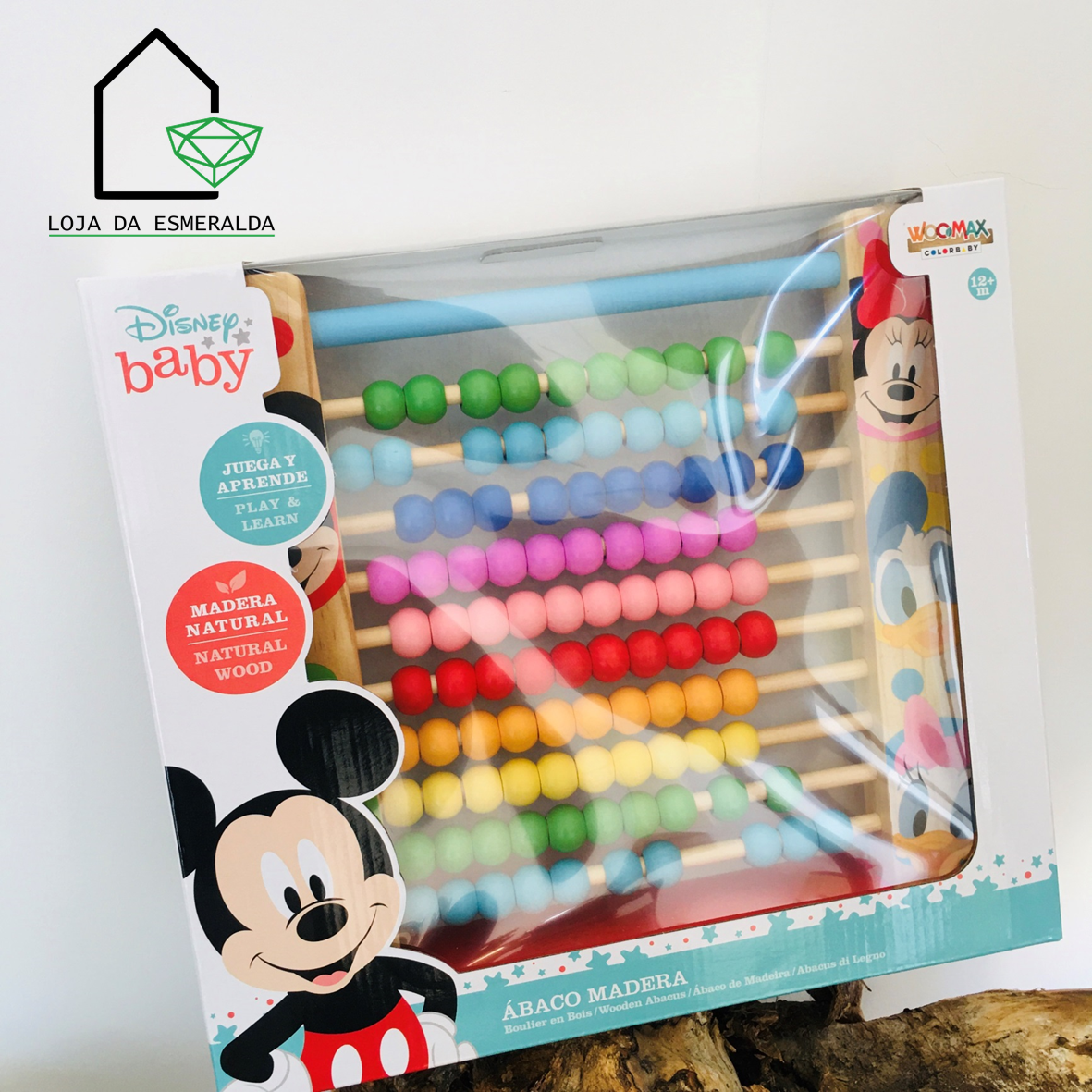 Ábaco de madeira colorido Disney baby em embalagem com ilustrações de Mickey e Minnie