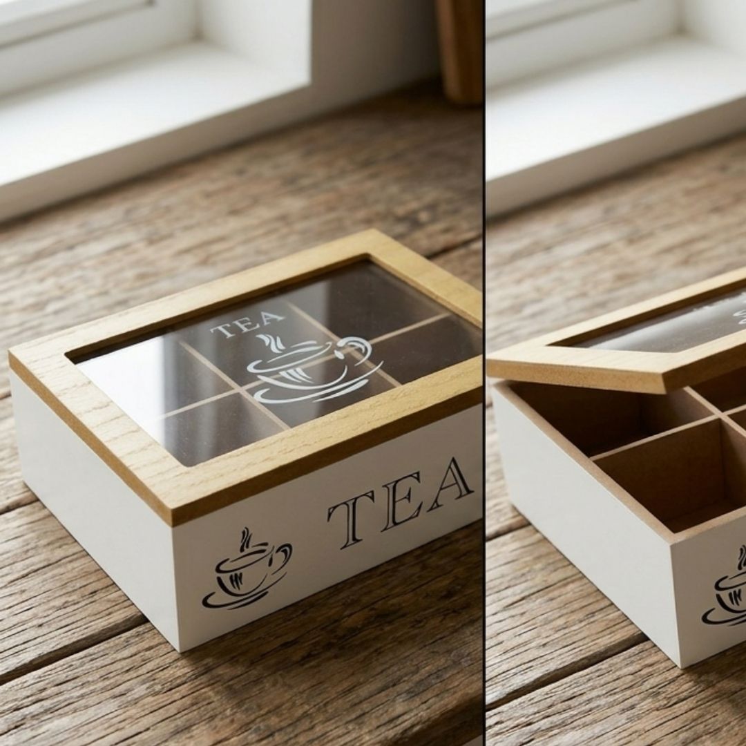 Caixa de chá em madeira branca com tampa de vidro e divisórias interiores