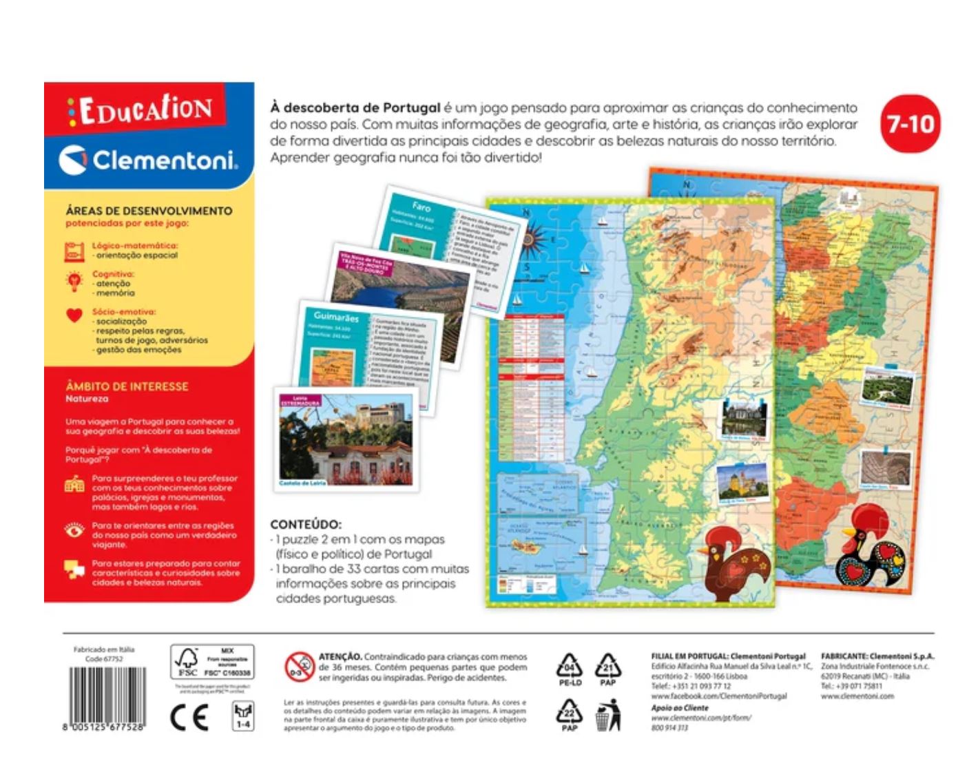 Embalagem do jogo educativo À descoberta de Portugal da Clementoni com mapa e cartas