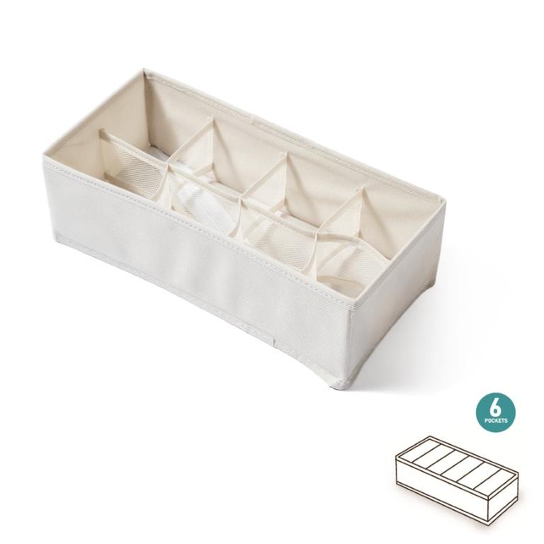 Organizador retangular em tecido bege com seis compartimentos