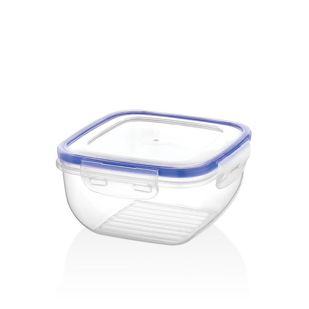 Recipiente plástico quadrado transparente com tampa azul com fechos laterais