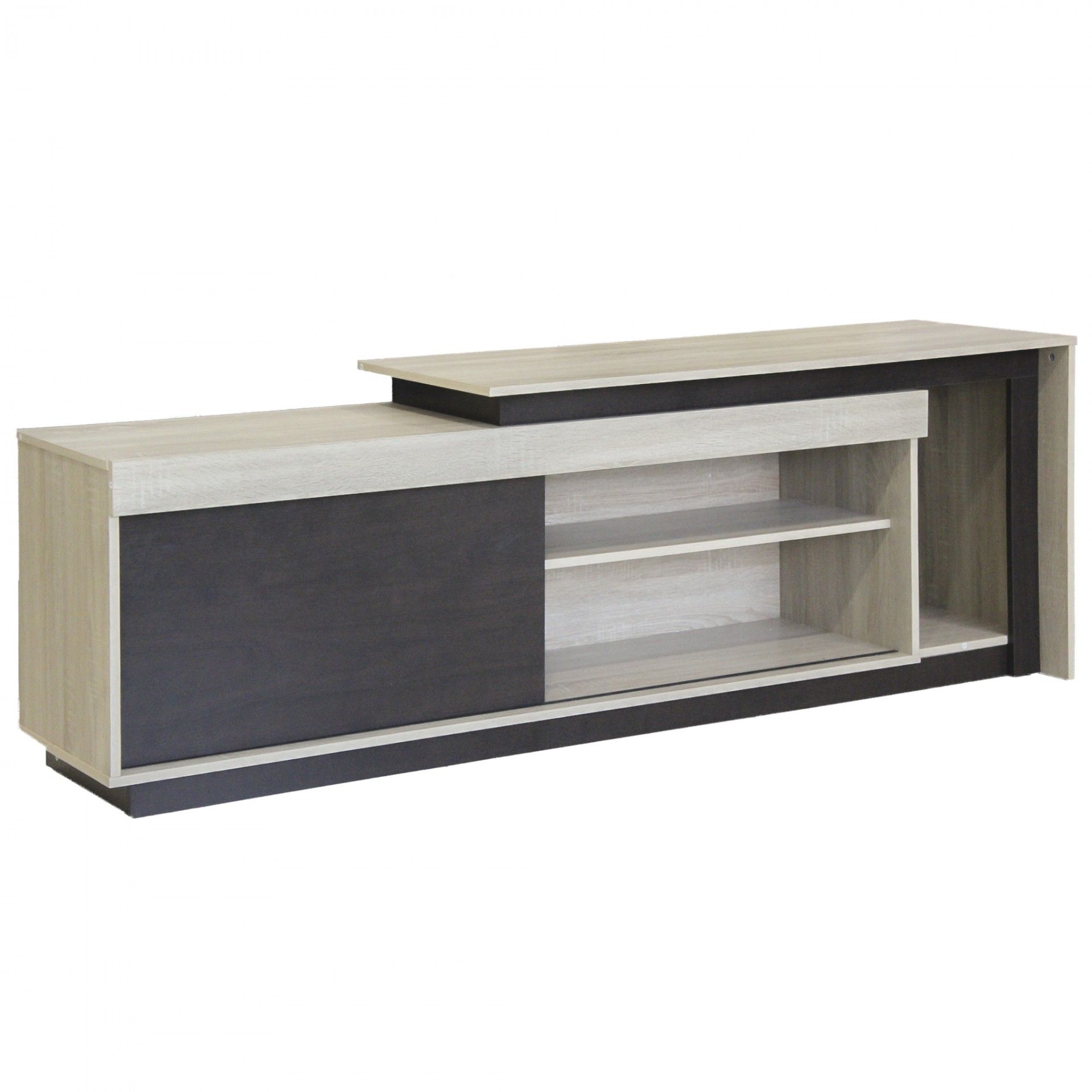 Móvel TV retangular em madeira clara com painel deslizante escuro