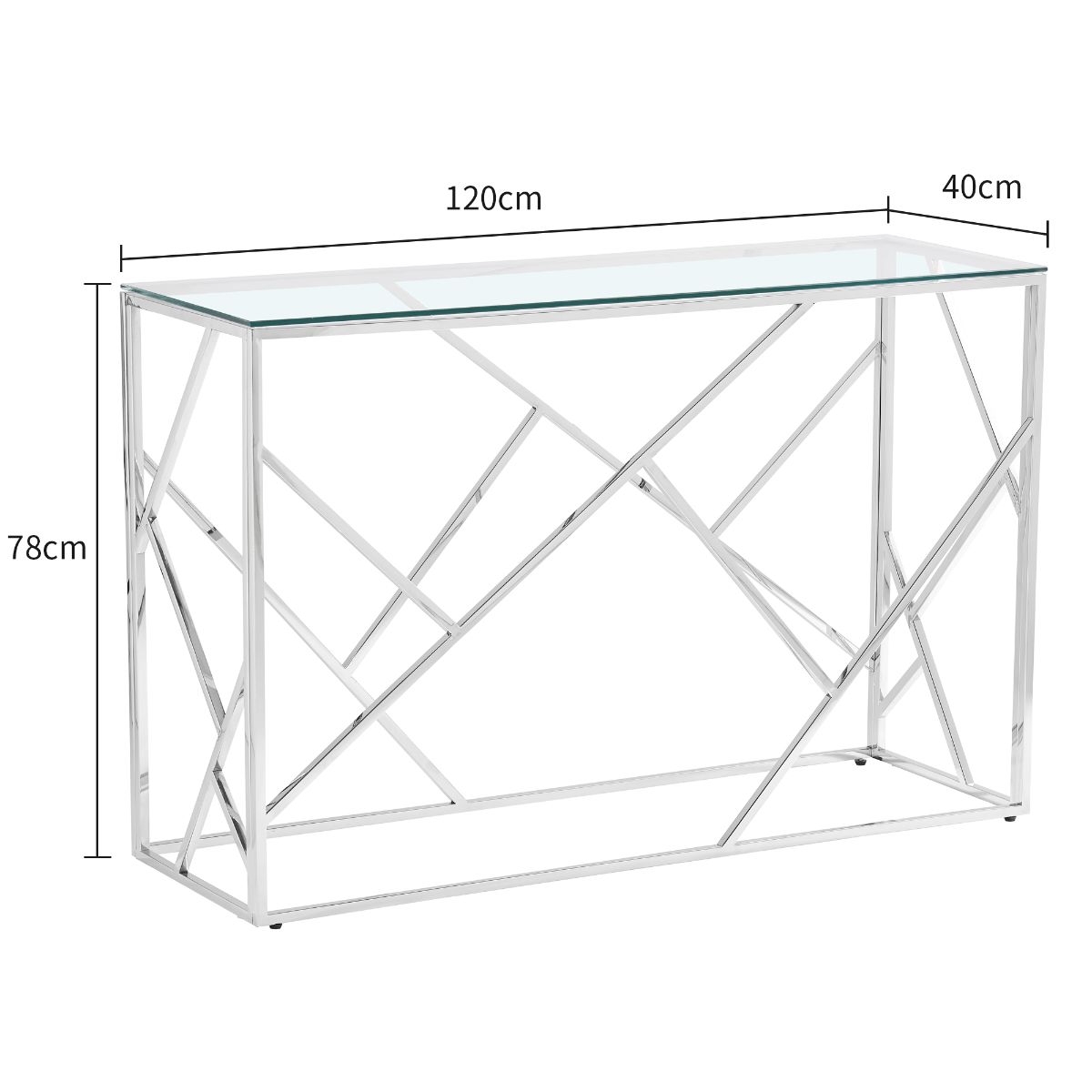 Aparador retangular em vidro e metal prateado com design geométrico