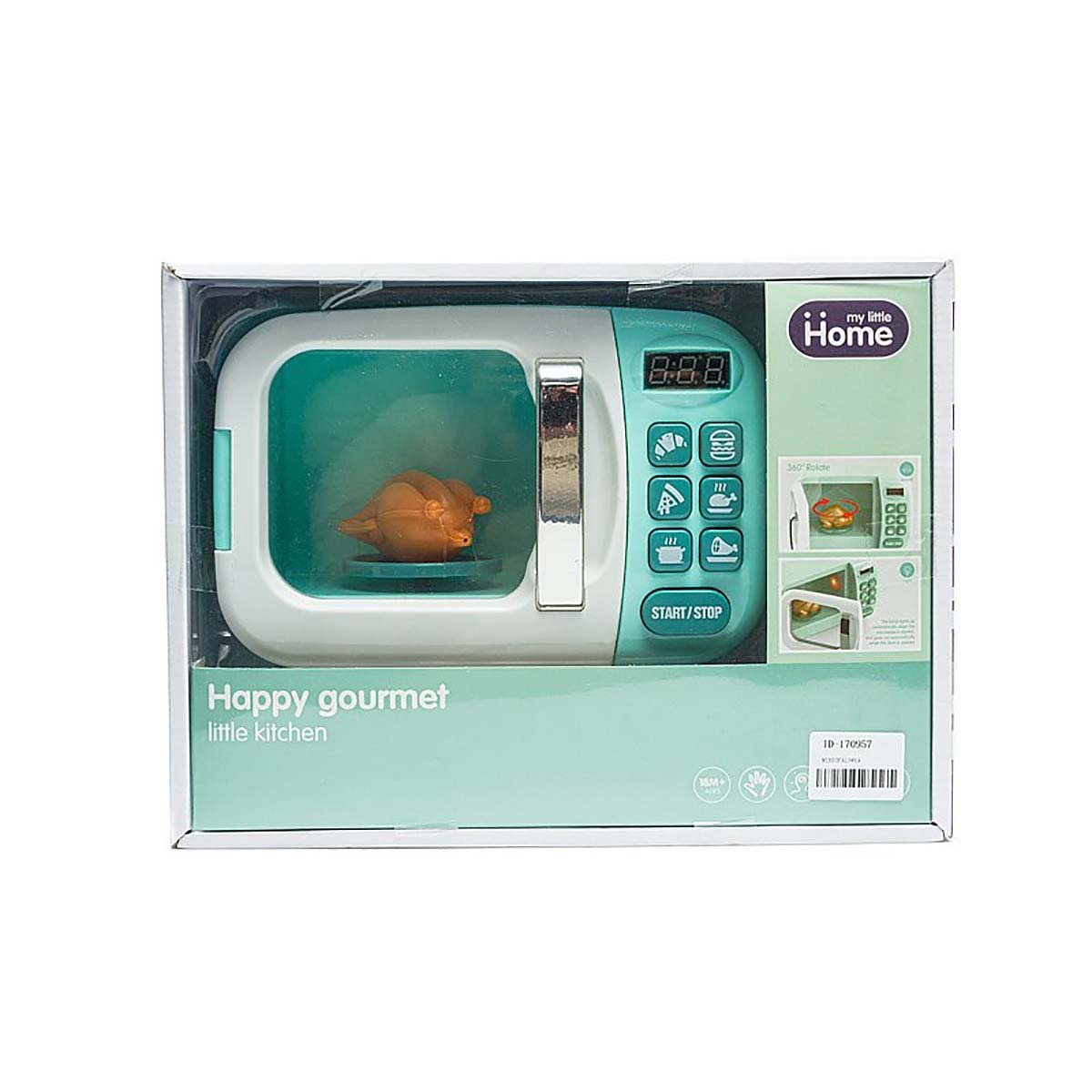 Micro-ondas de brinquedo branco e verde água com brinquedo de frango no interior e embalagem