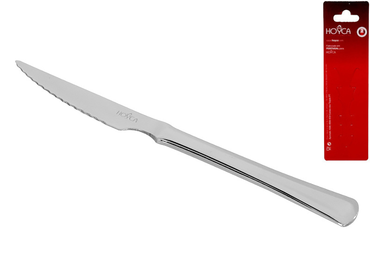 Faca de mesa serrilhada em aço inox prateado com embalagem vermelha Hôvça