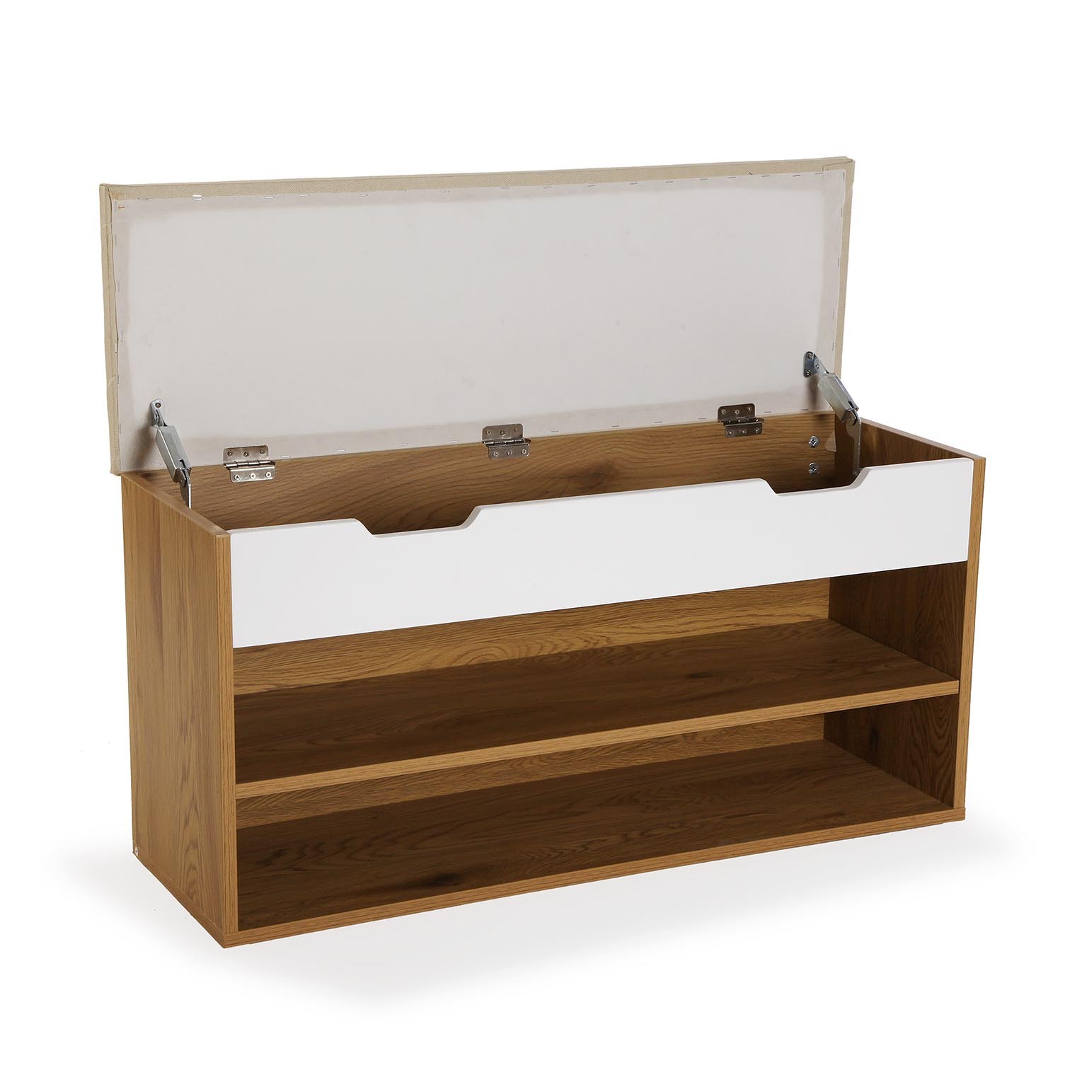 Móvel de madeira castanho claro com painel branco e tampo transparente aberto