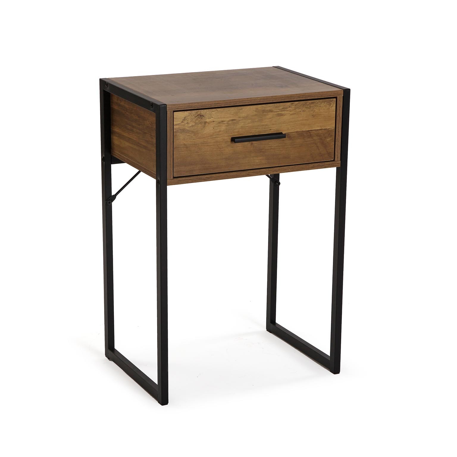 Mesa de apoio com estrutura metálica preta e gaveta de madeira castanha