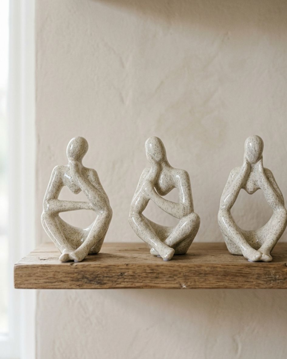 Três estatuetas de figuras humanas abstratas em cerâmica numa prateleira de madeira