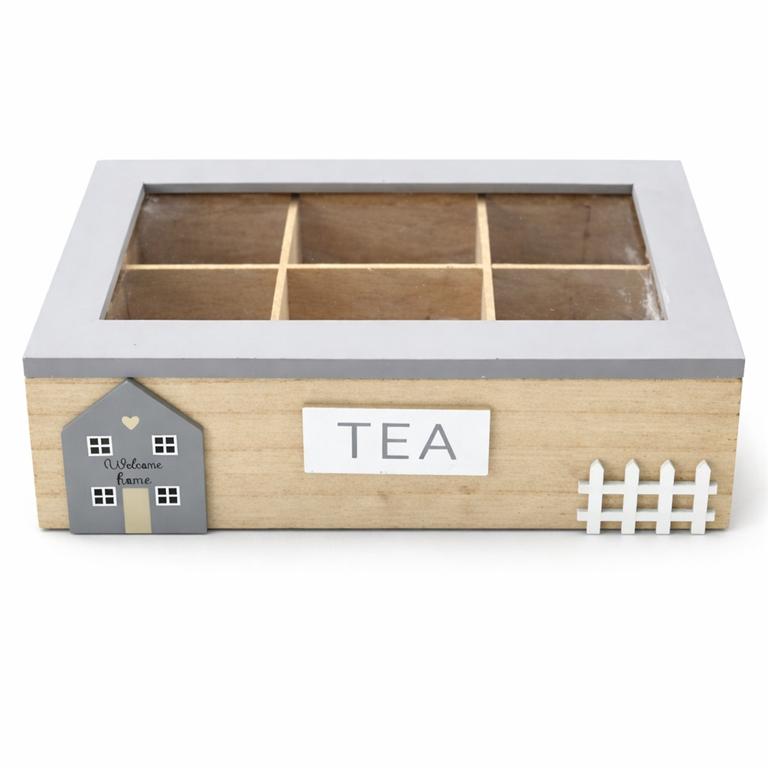 Caixa de armazenamento para chá em madeira com tampa transparente e seis compartimentos