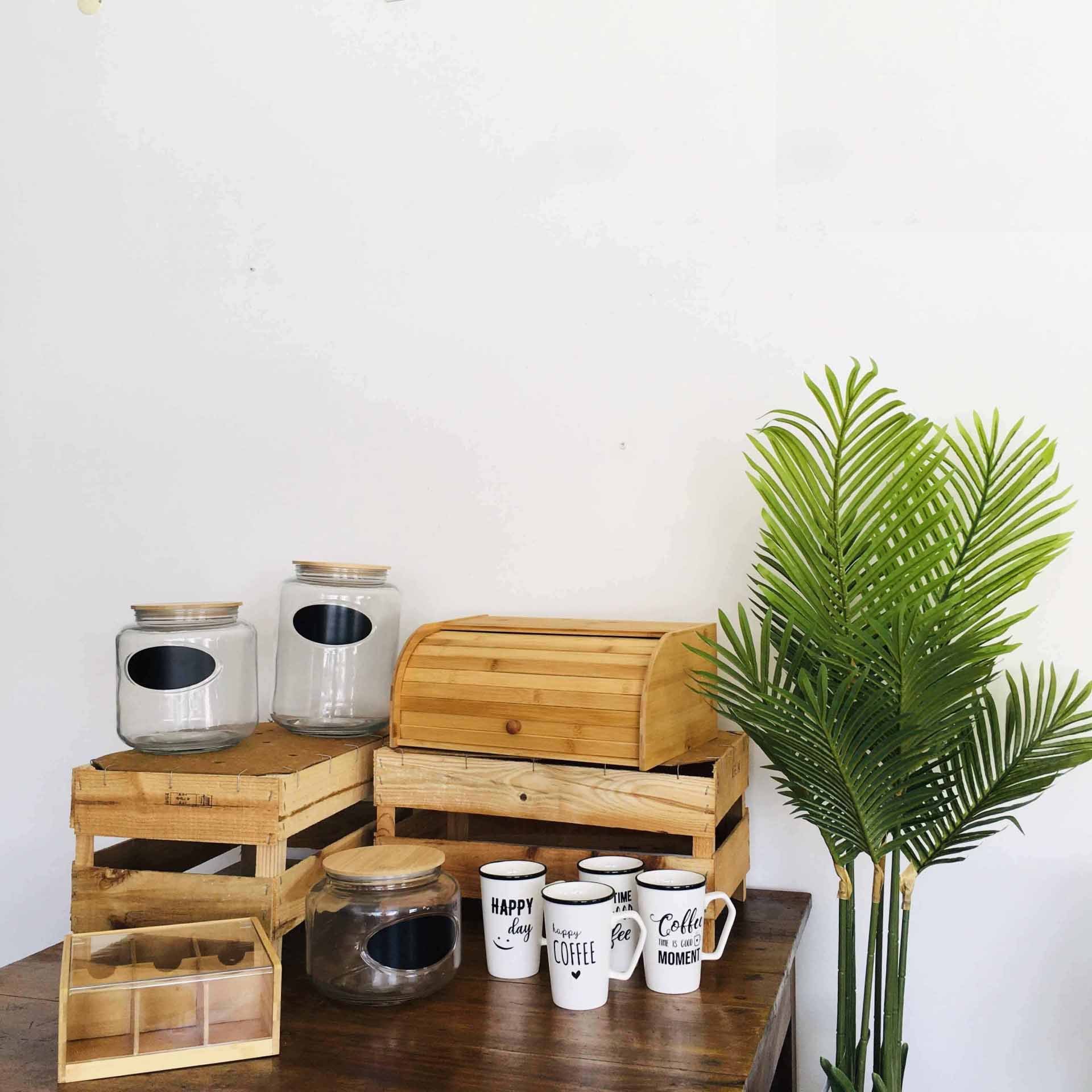 Frascos e canecas sobre mesa com planta verde ao lado