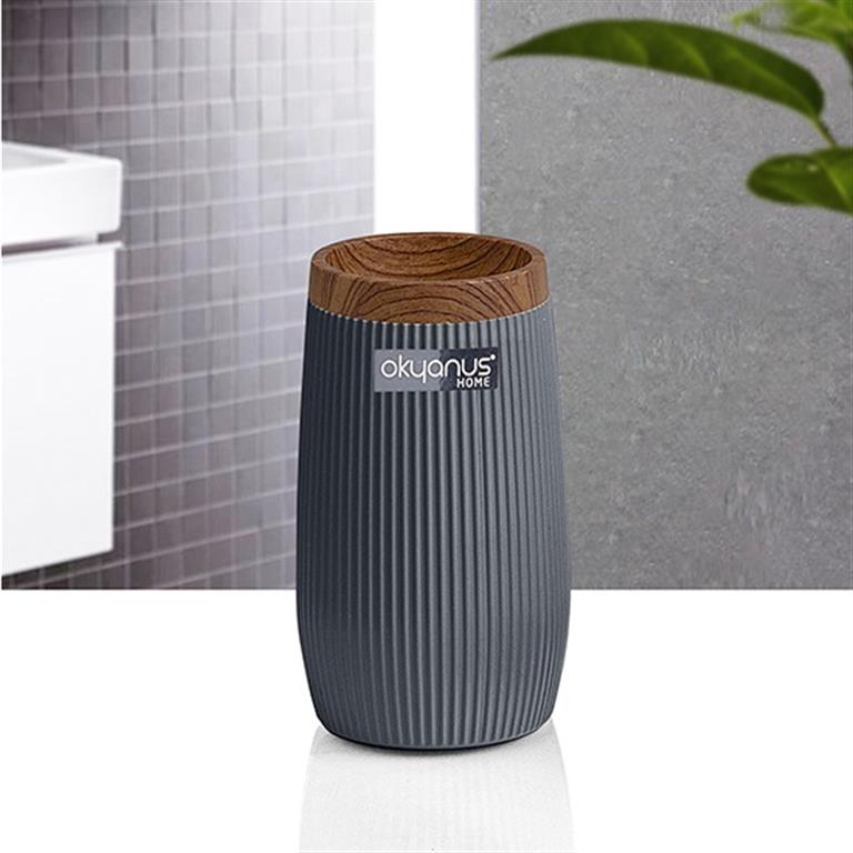 Recipiente cinzento estriado com tampa castanha e etiqueta okyanus HOME