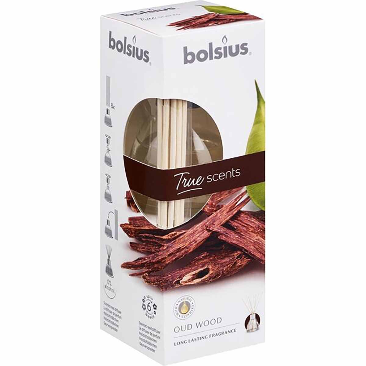 difusor de aromas bolsius Oud Wood com varetas em caixa branca