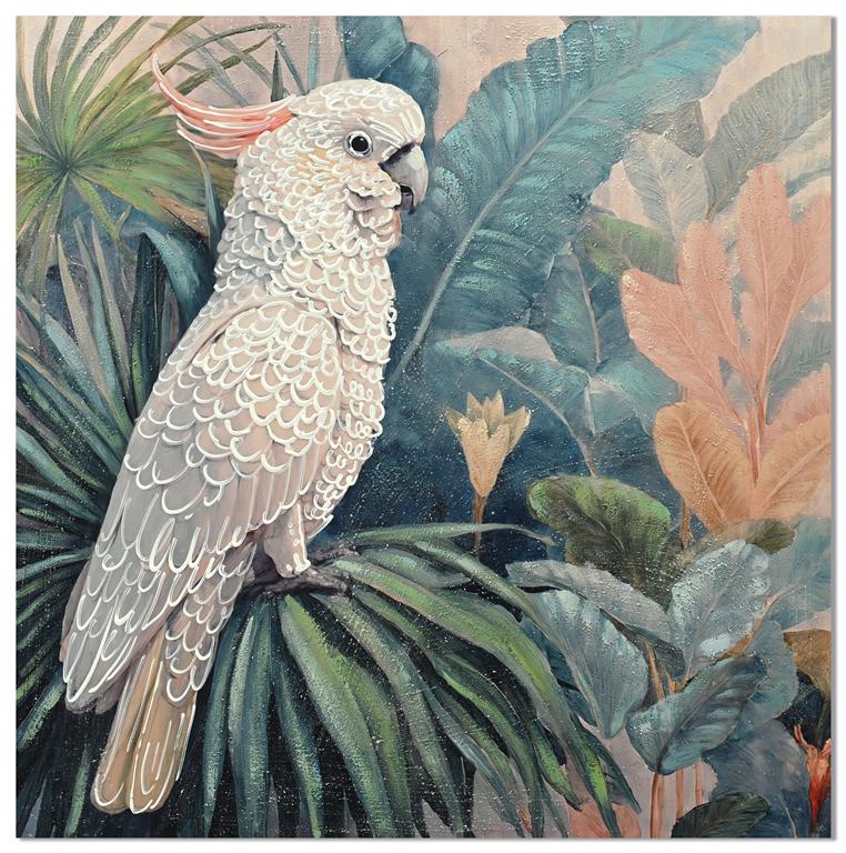 Pintura de papagaio branco em folha tropical colorida
