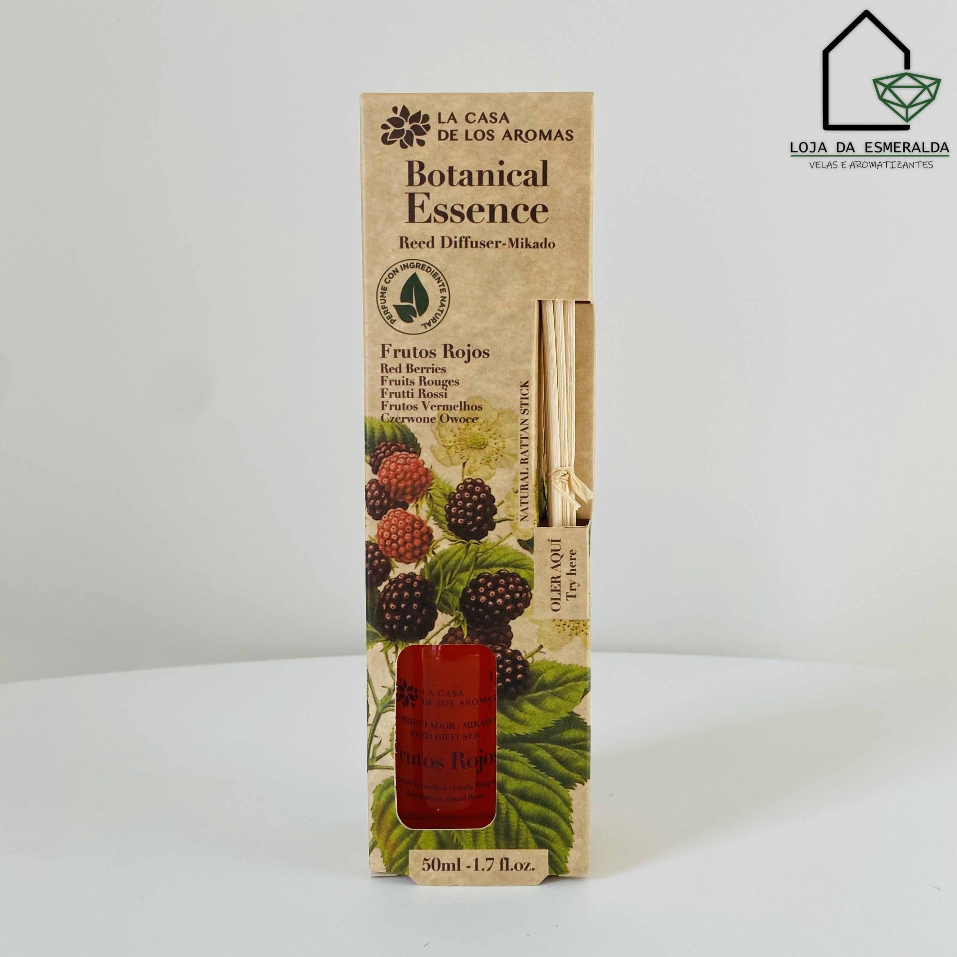 Difusor de aromas Botanical Essence com embalagem botânica e varetas de madeira