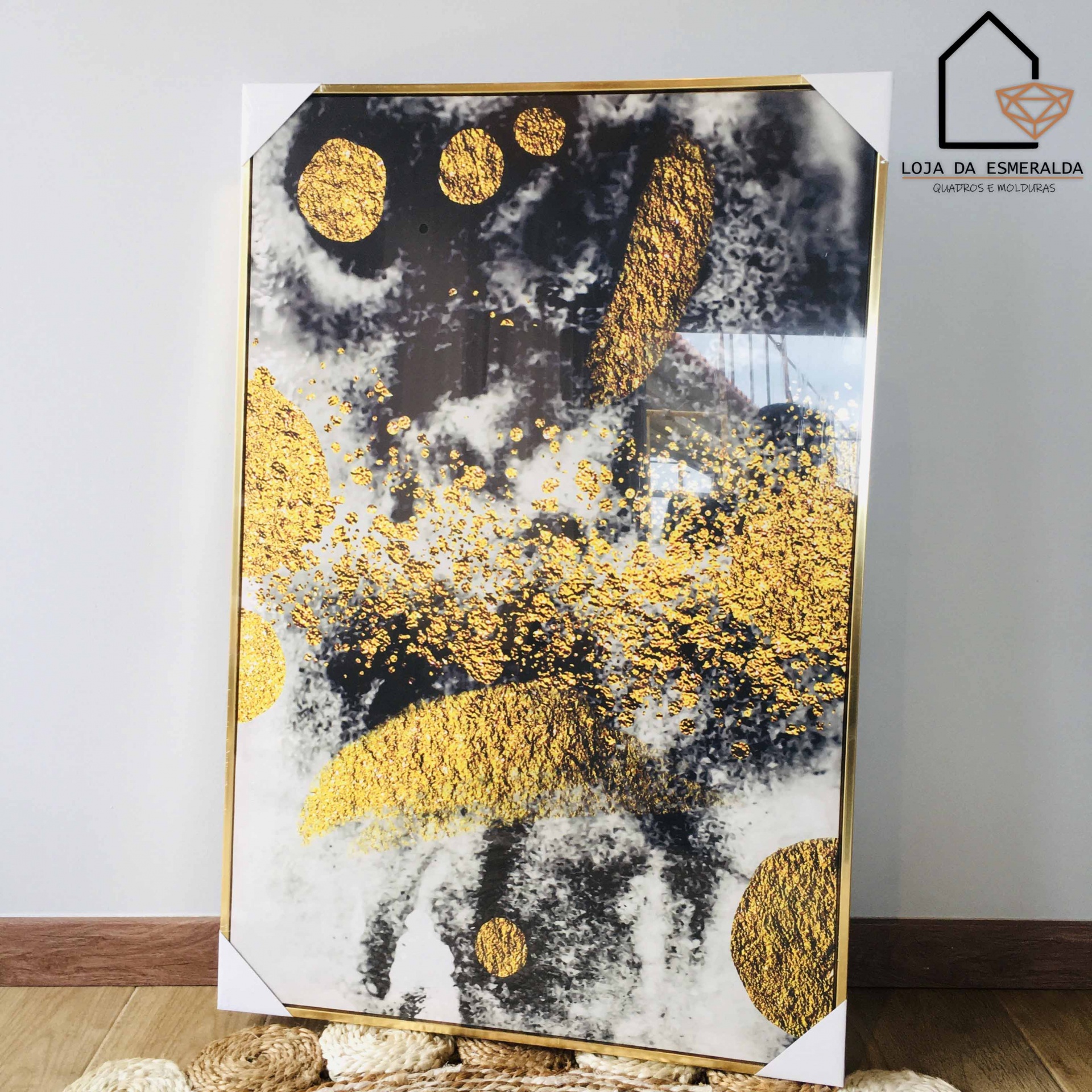 quadro decorativo abstrato com dourado, preto e branco