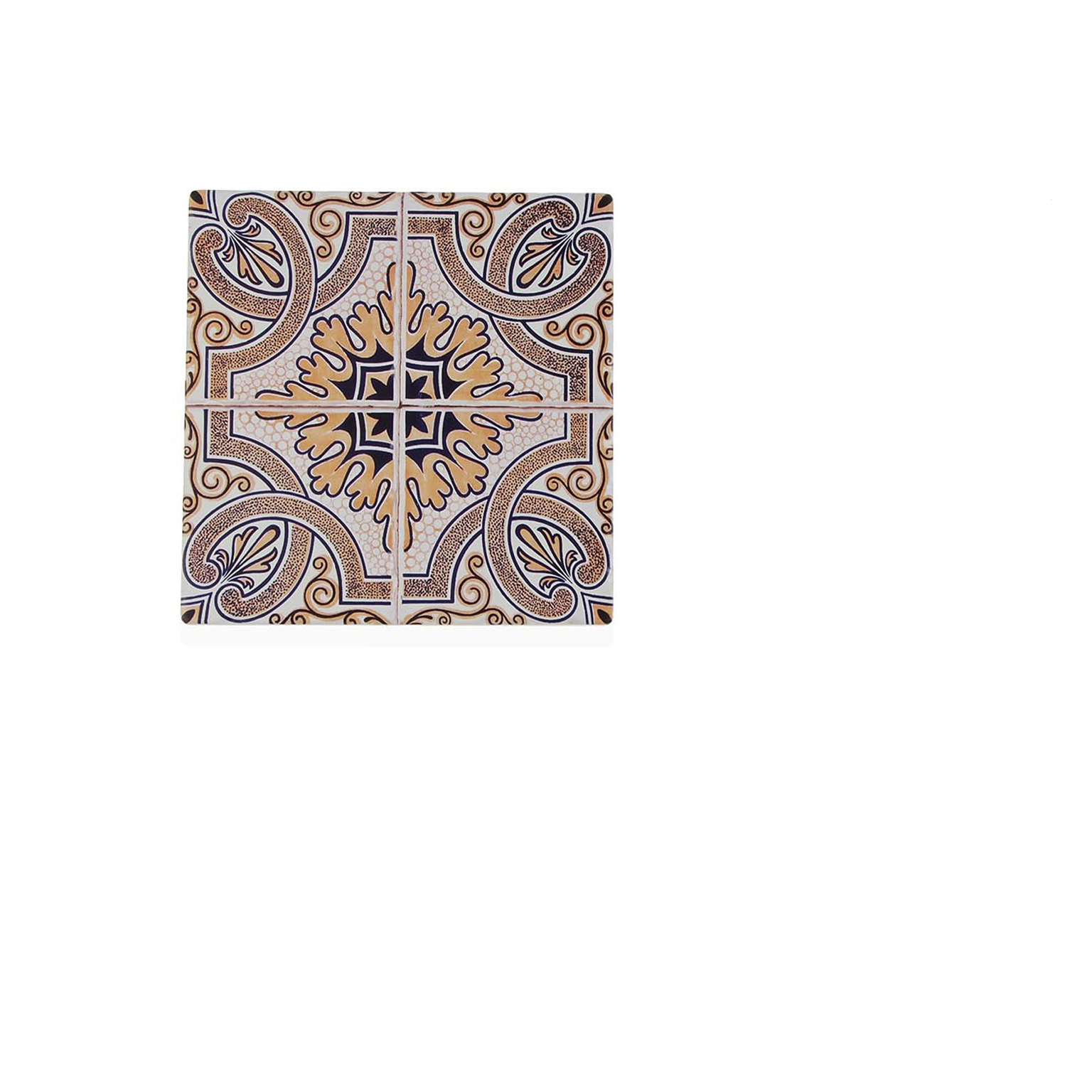 Azulejo quadrado decorativo castanho e bege com padrão floral e geométrico