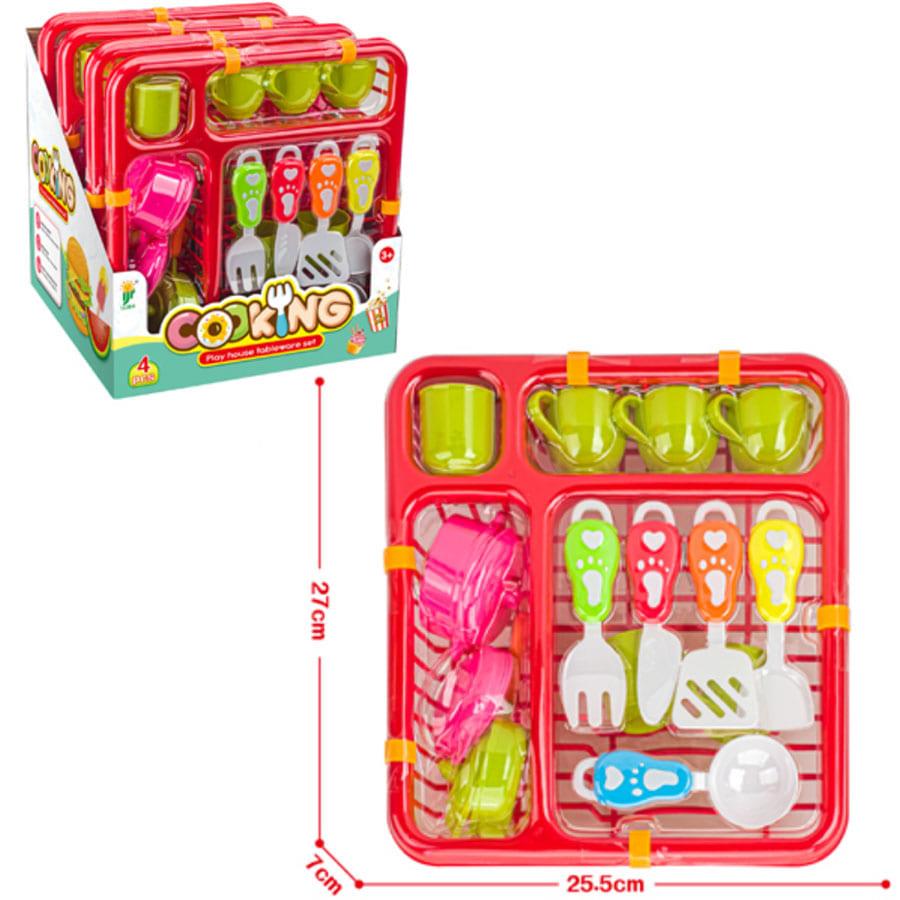 Conjunto de brinquedo de cozinha em plástico colorido com copos, talheres e outros acessórios