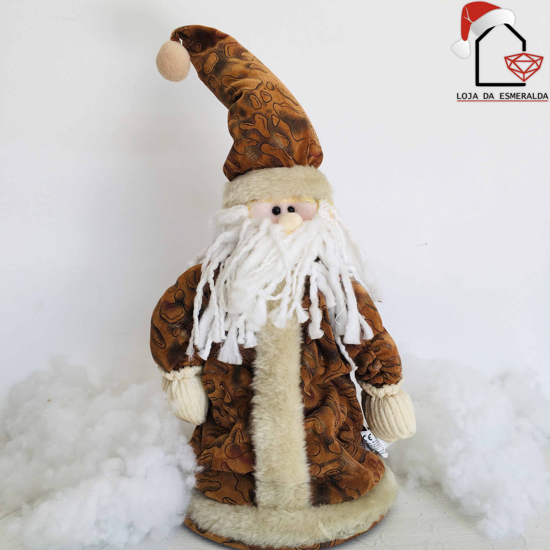 Boneco Pai Natal decorativo com traje castanho e barbas brancas