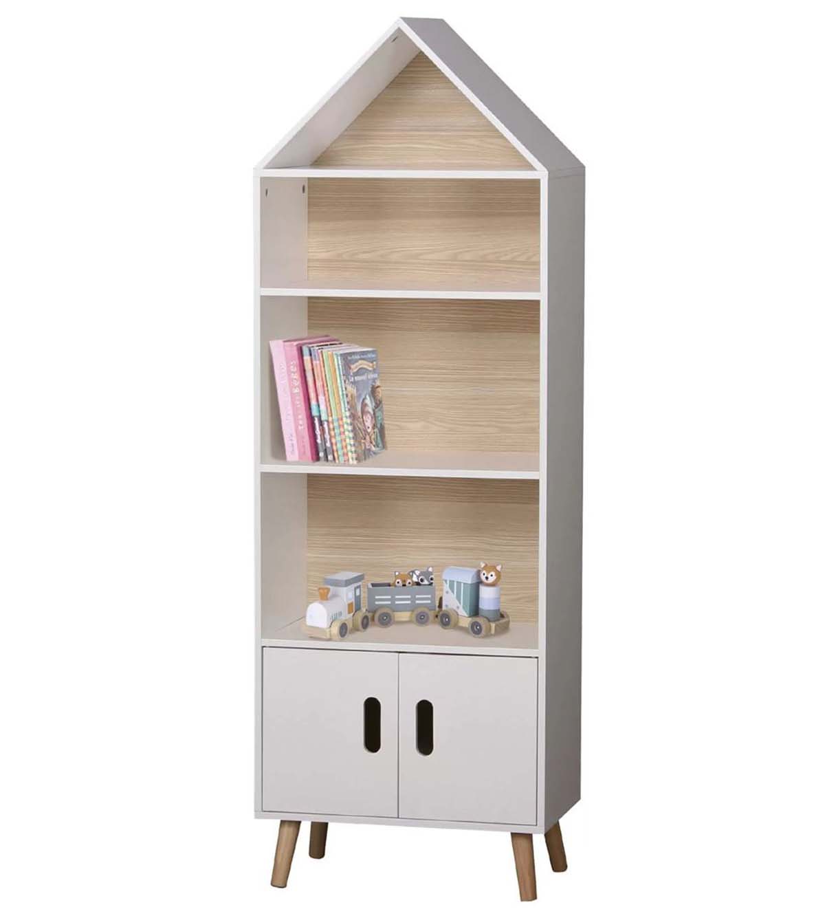Estante alta branca e madeira com formato de casinha e brinquedos