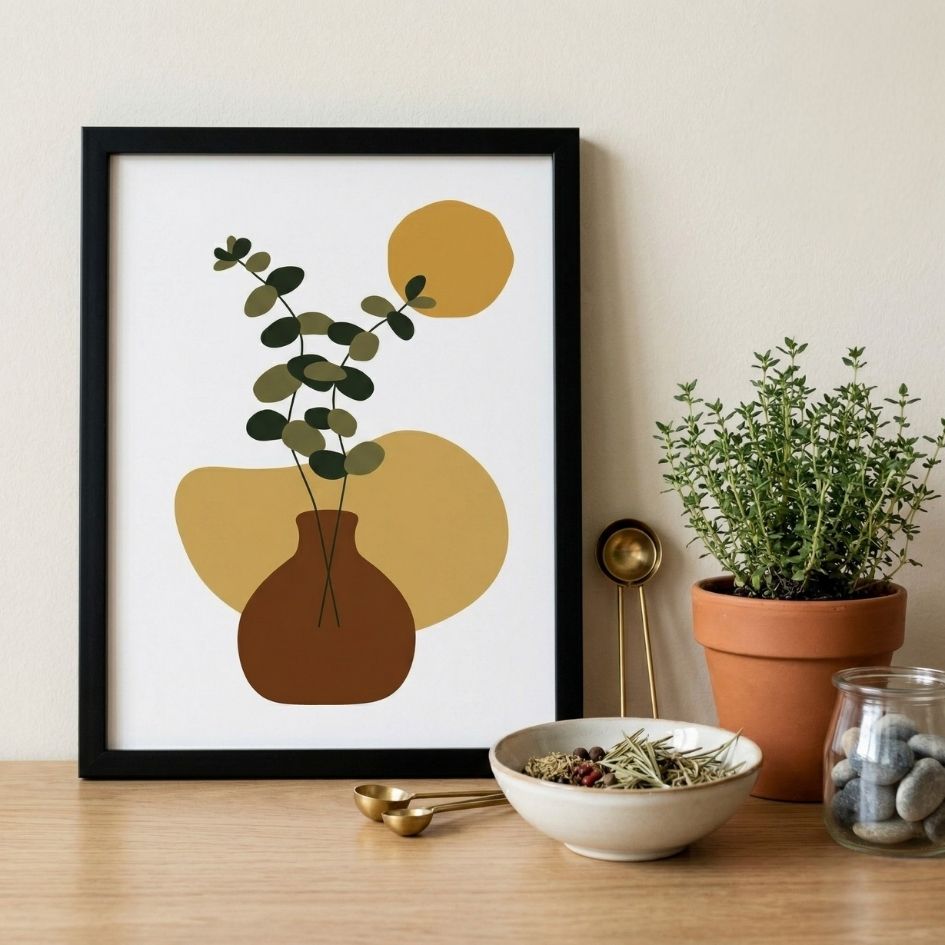 Quadro decorativo com vaso e folhas em desenho abstrato, planta, tigela com especiarias e medidores na mesa