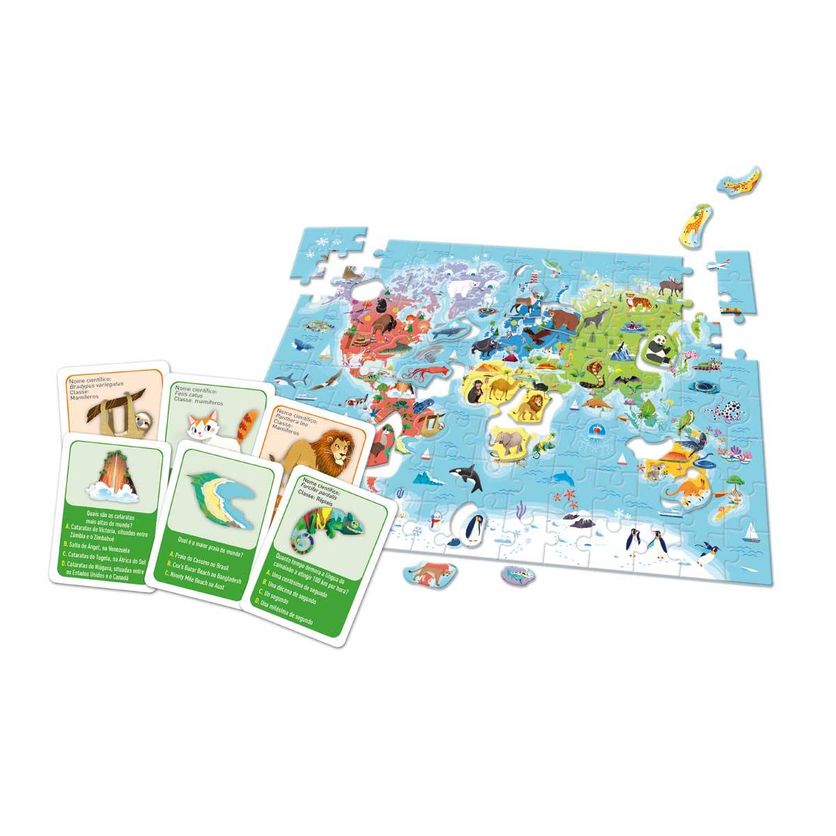 Quebra-cabeças do mapa mundi com cartas educativas