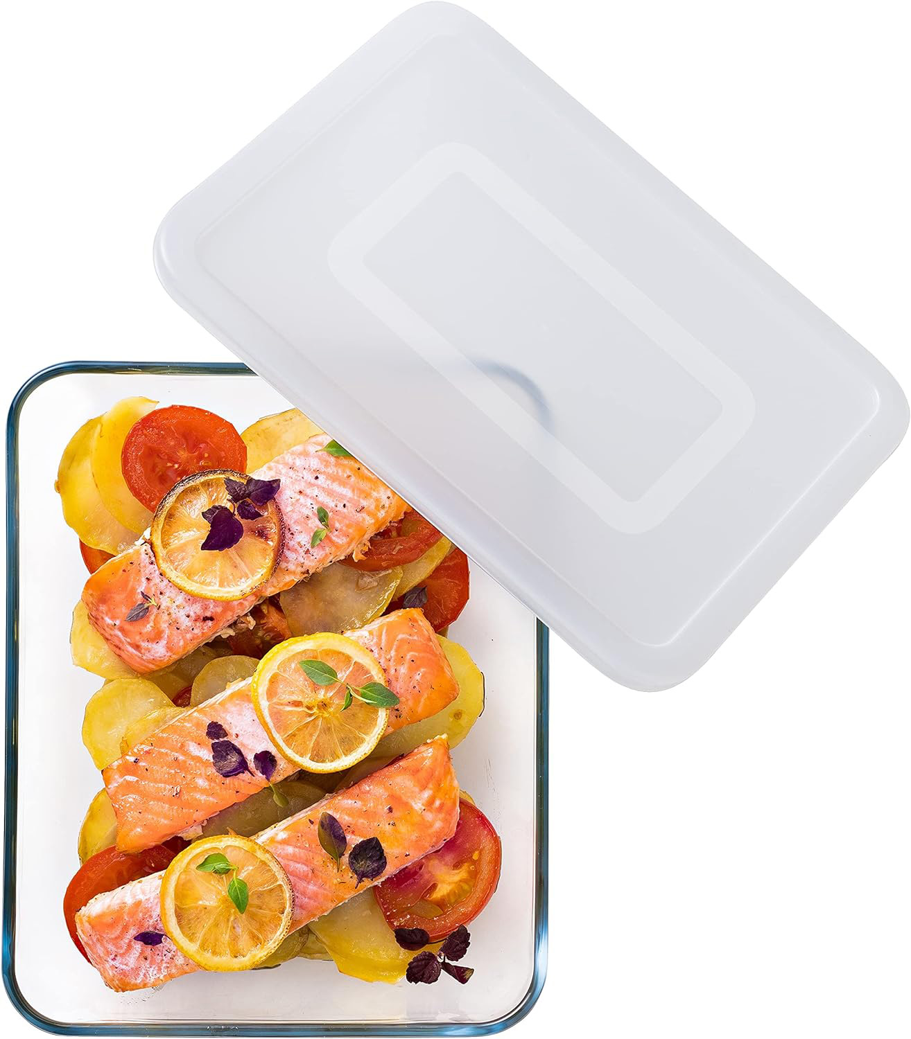 Recipiente de vidro com salmão, limão, batata e tomate