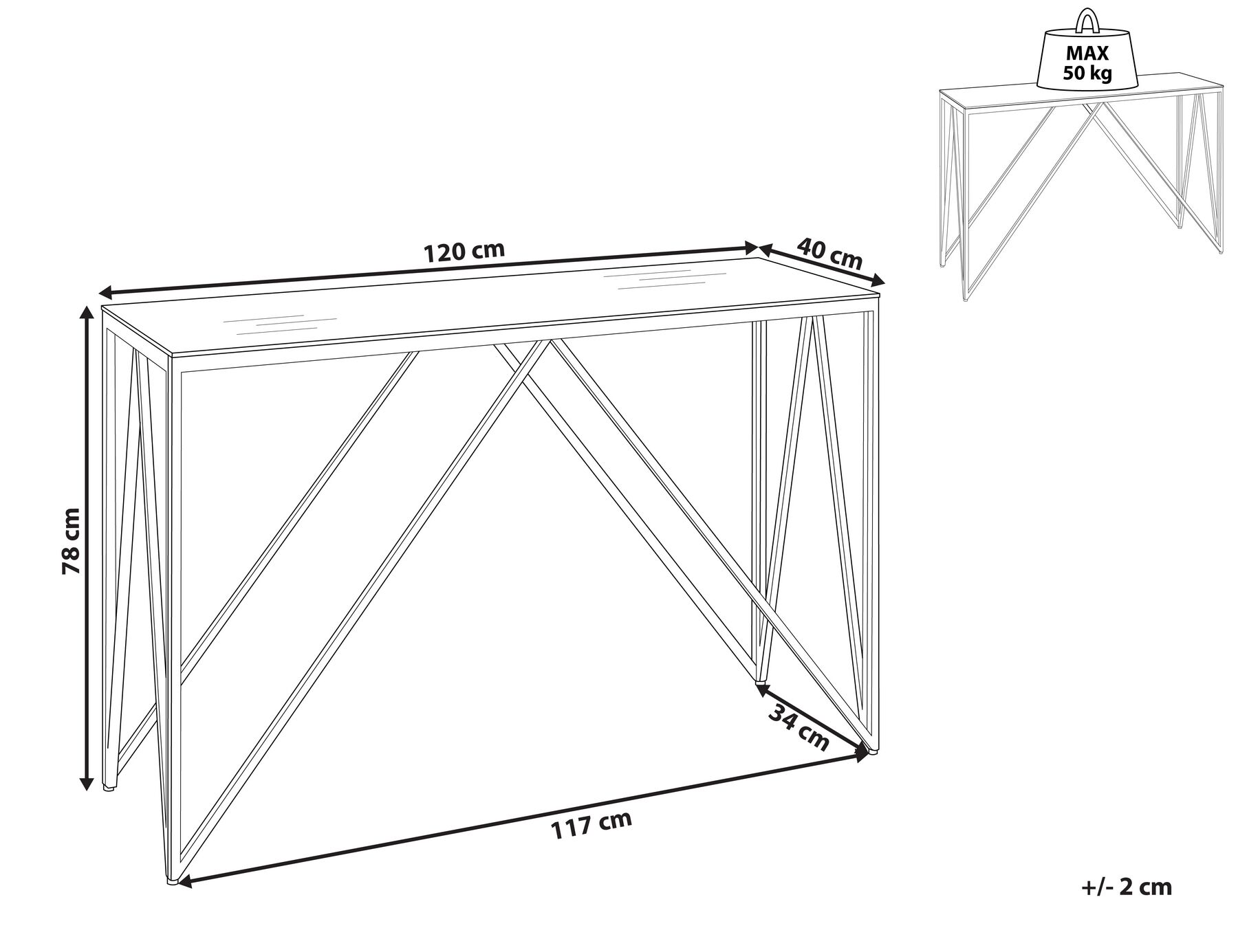 Mesa metálica retangular de 120x40x78 cm com reforços diagonais e capacidade máxima de 50 kg