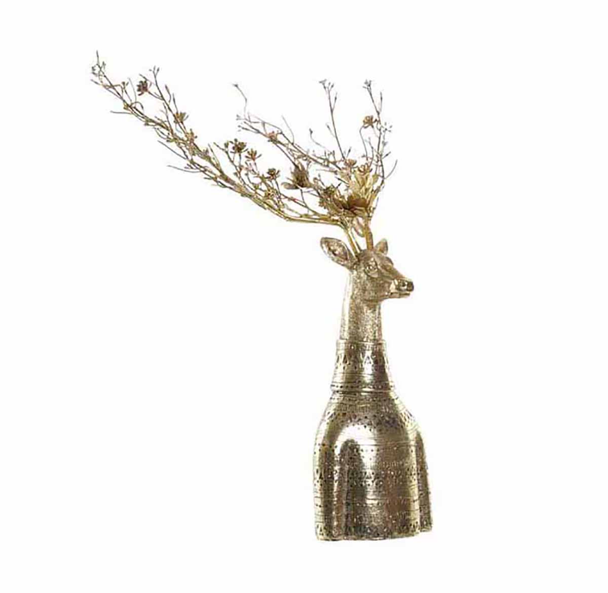 Escultura decorativa de cervo dourado com galhos nos cornos