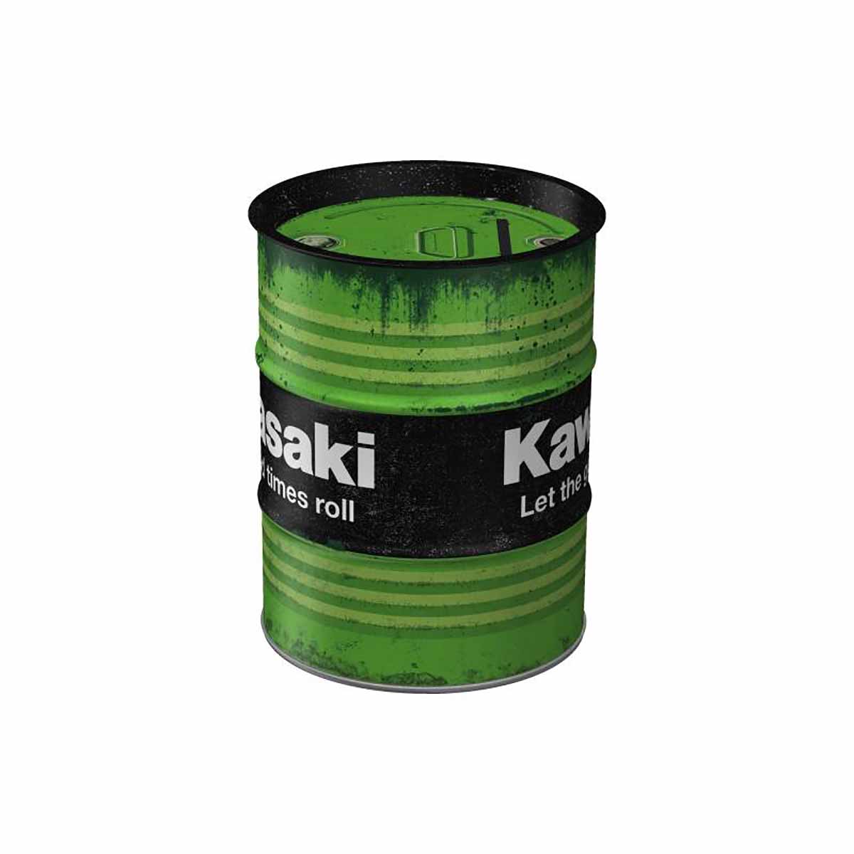 barril metálico verde envelhecido com faixa preta e texto Kawasaki