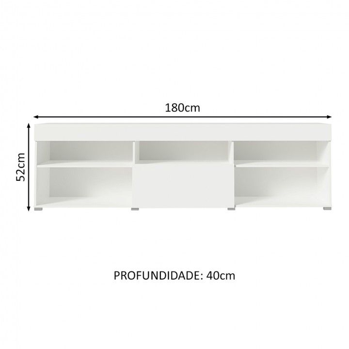 Móvel de apoio branco com compartimentos e porta central
