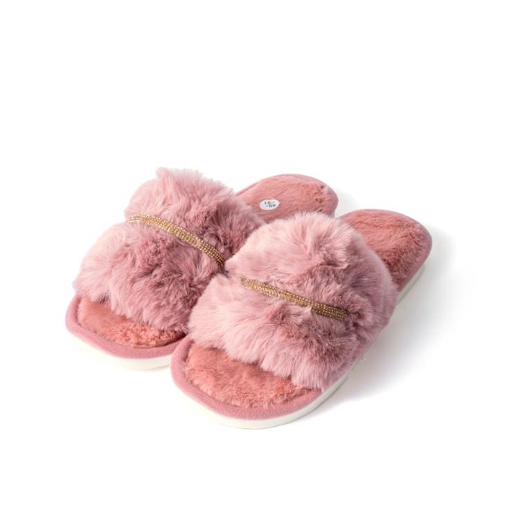 Chinelos cor-de-rosa felpudos com sola branca e fita dourada