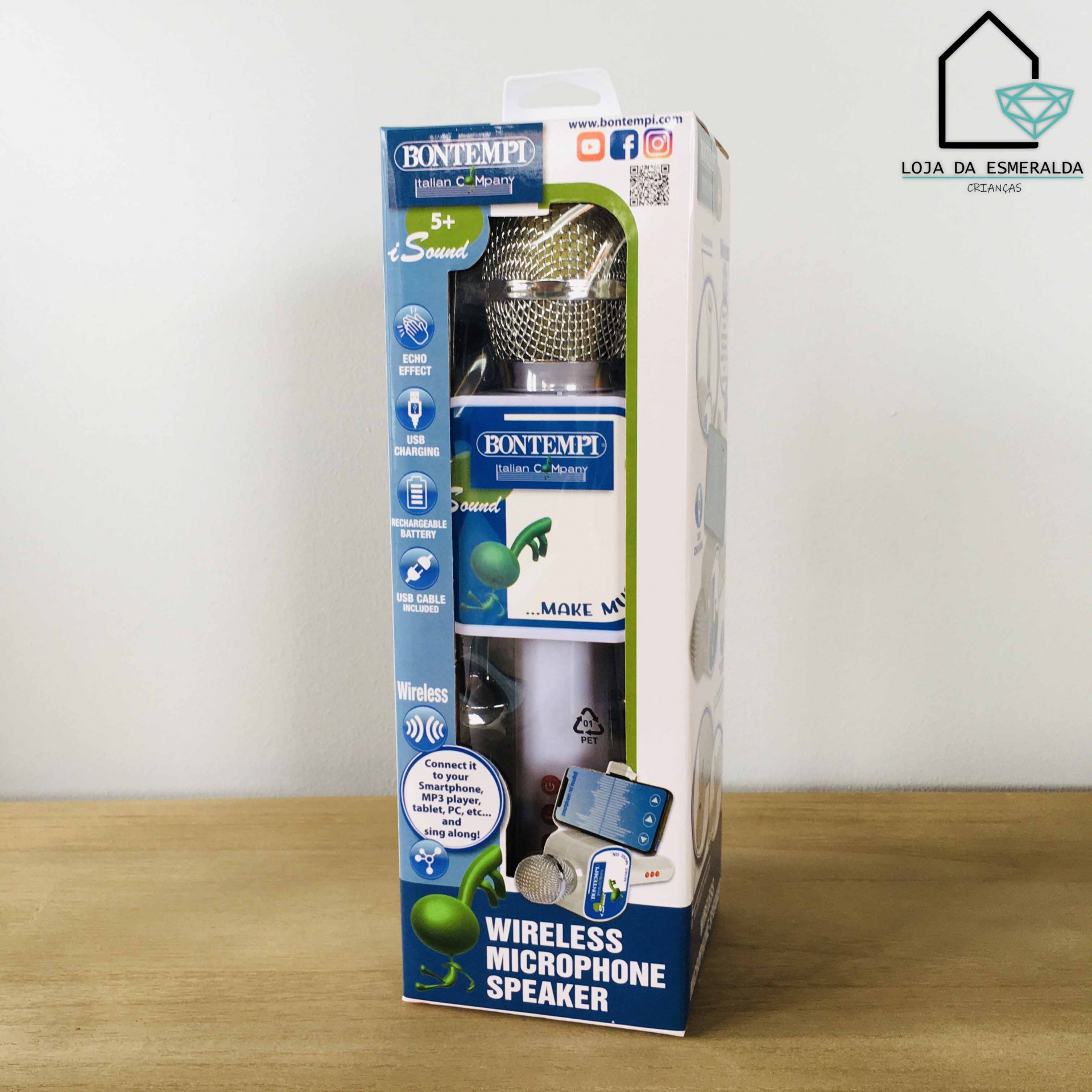 Microfone sem fios dourado Bontempi em embalagem azul e branca